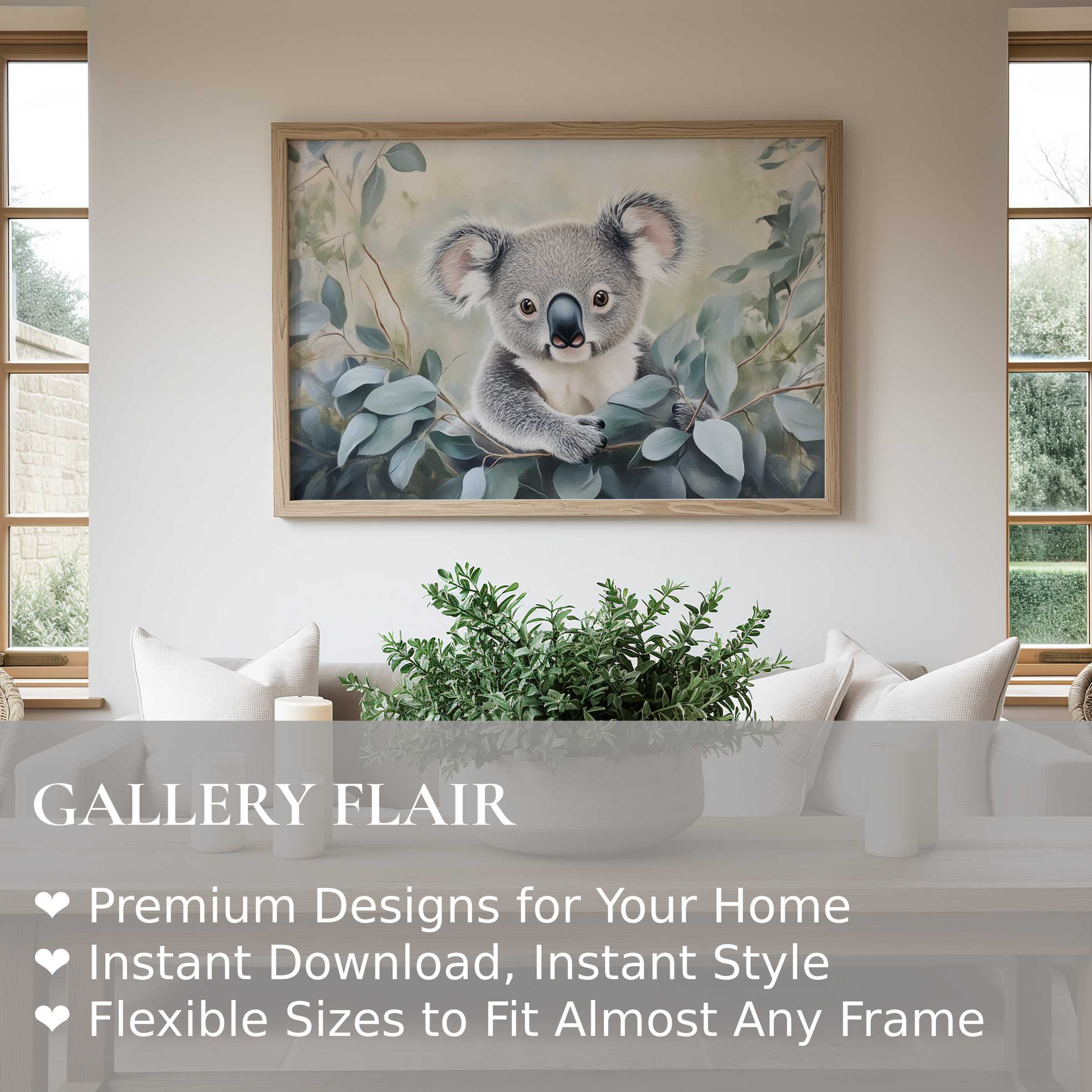 Nursery wall art print featuring a soft, calming koala in muted eucalyptus tones, enhancing modern, minimalist nurseries with serene charm