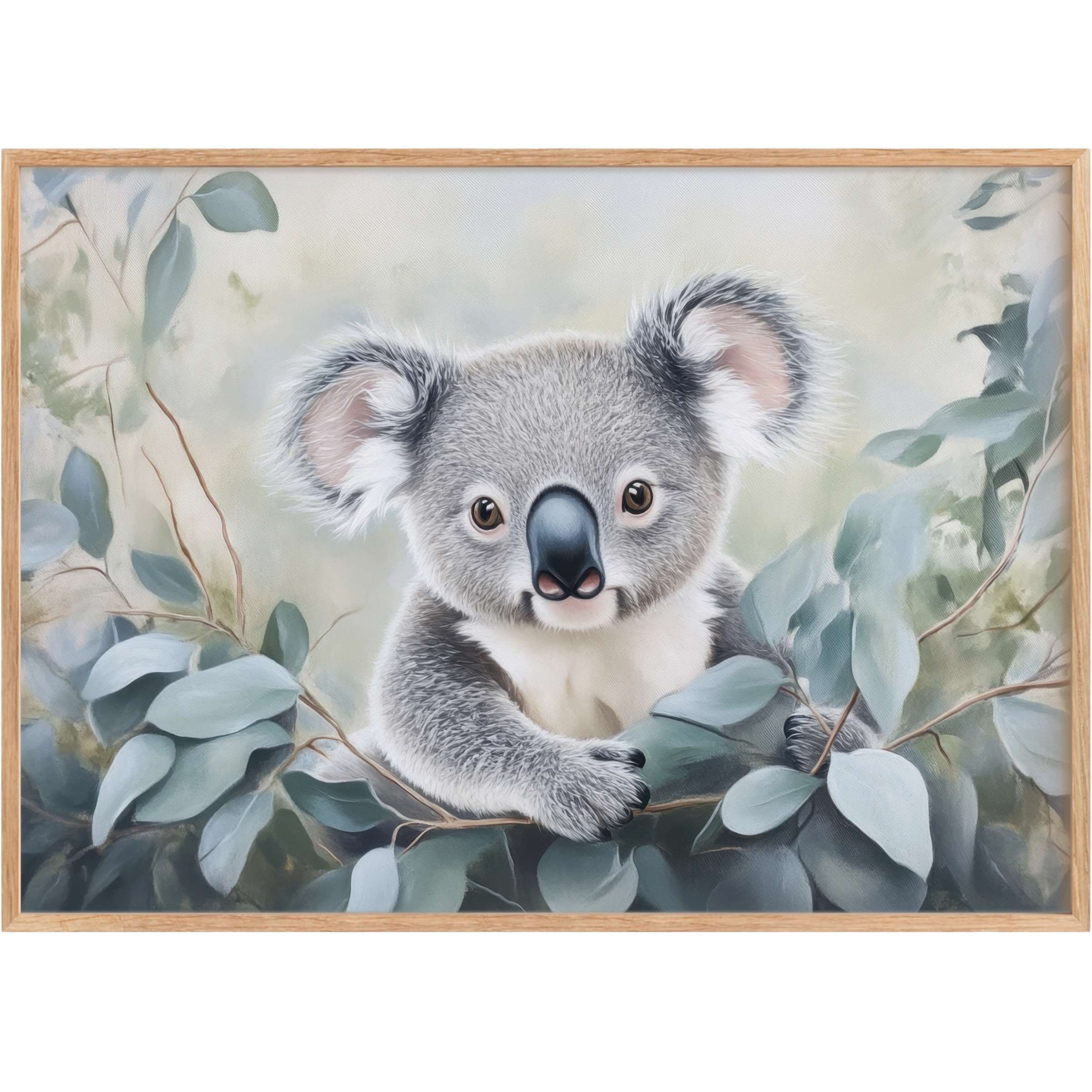 Adorable koala gazes with gentle warmth, framed by soft eucalyptus hues-serene nursery printable wall art for a tranquil space