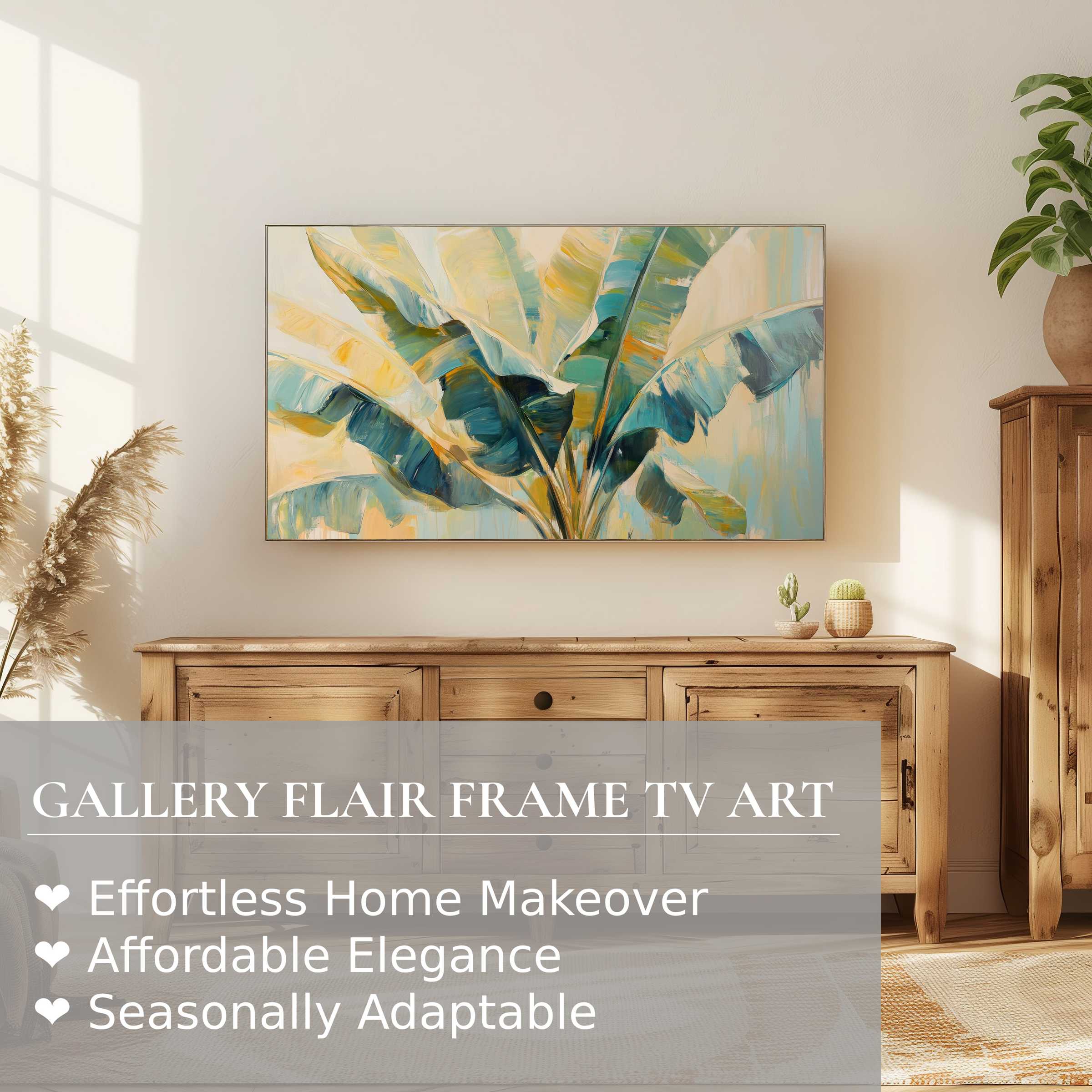 Samsung Frame TV displaying botanical digital artwork in a sunlit, elegant living room with natural wood accents