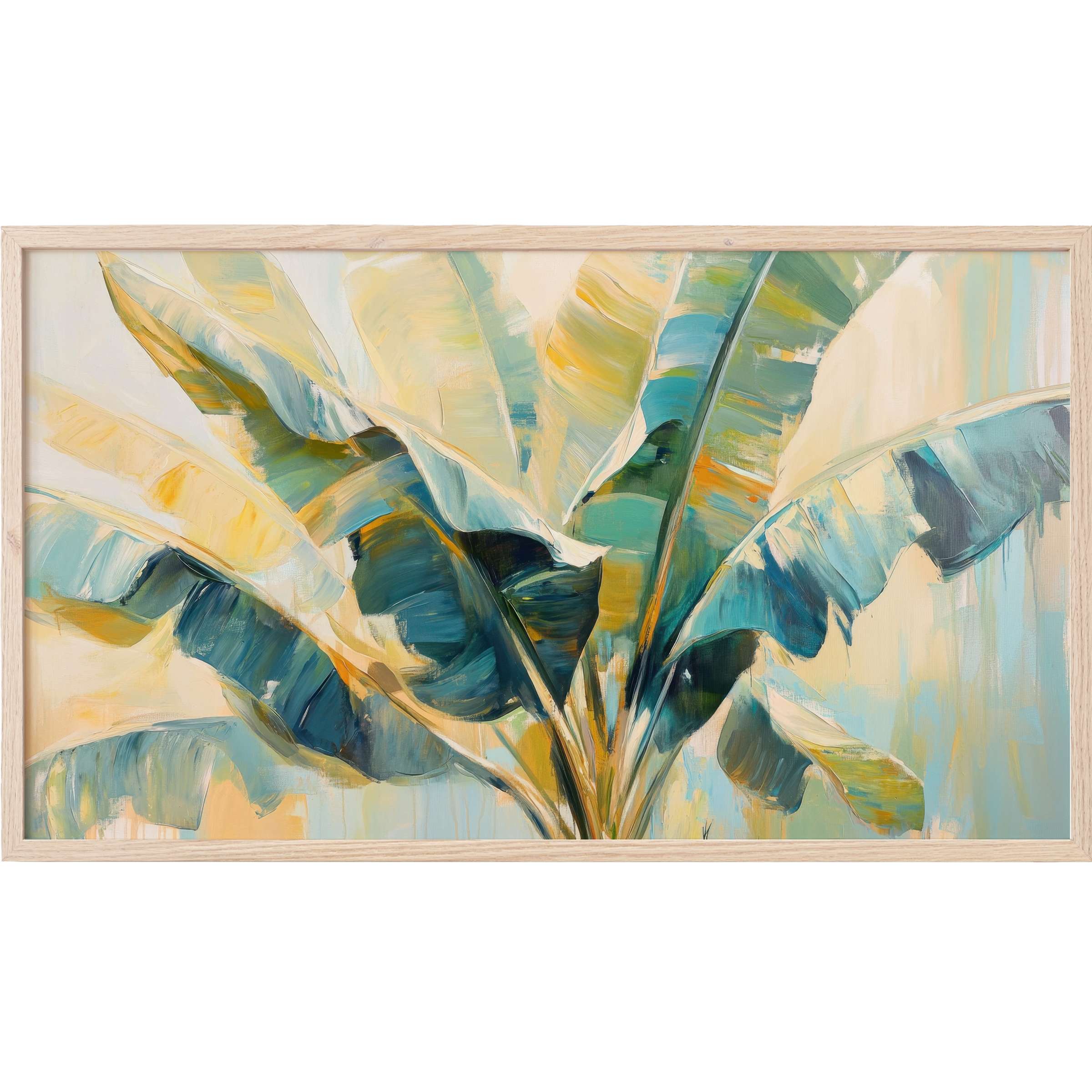 Elegant botanical Frame TV Art featuring soft blues and yellows in a modern, abstract leaf design