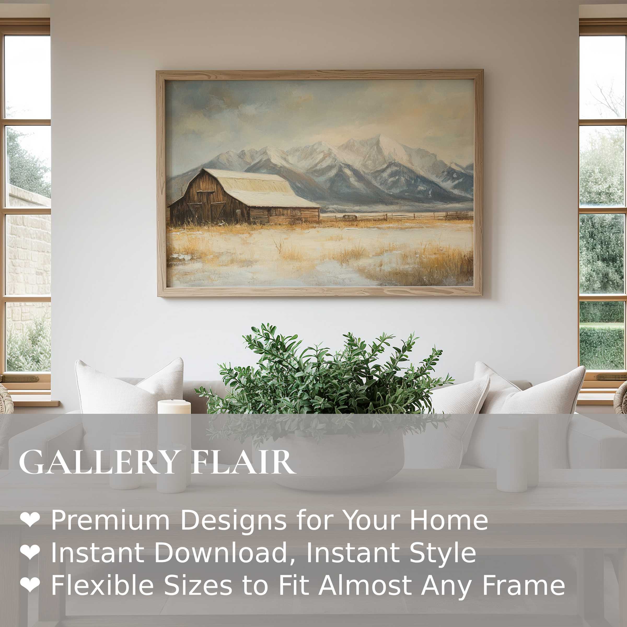 Farmhouse wall art print featuring a serene rustic barn and snowy mountains, enhancing a modern cozy living space