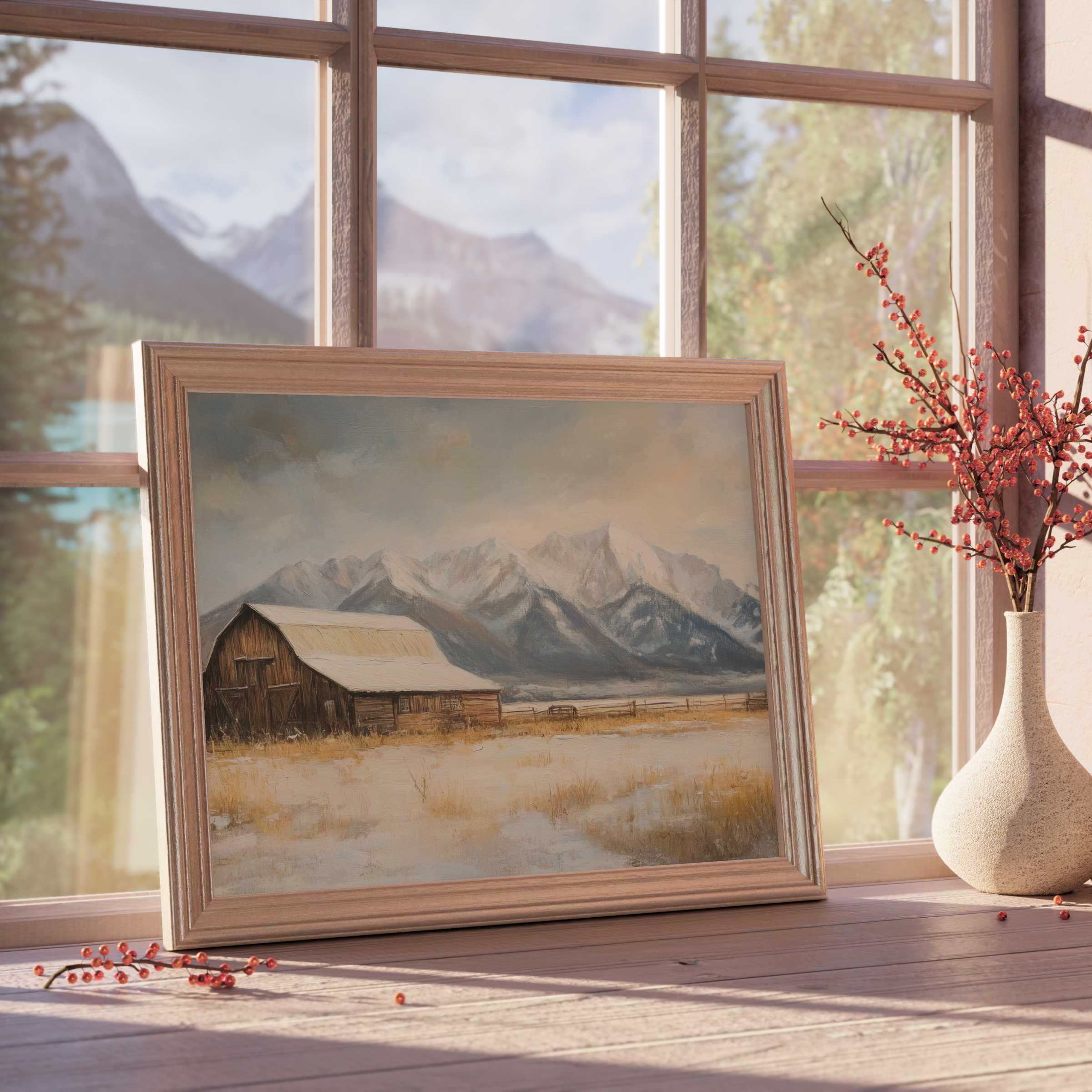 Farmhouse downloadable art capturing serene rustic charm with snow-kissed barn and majestic mountains, perfect for elegant, tranquil interiors