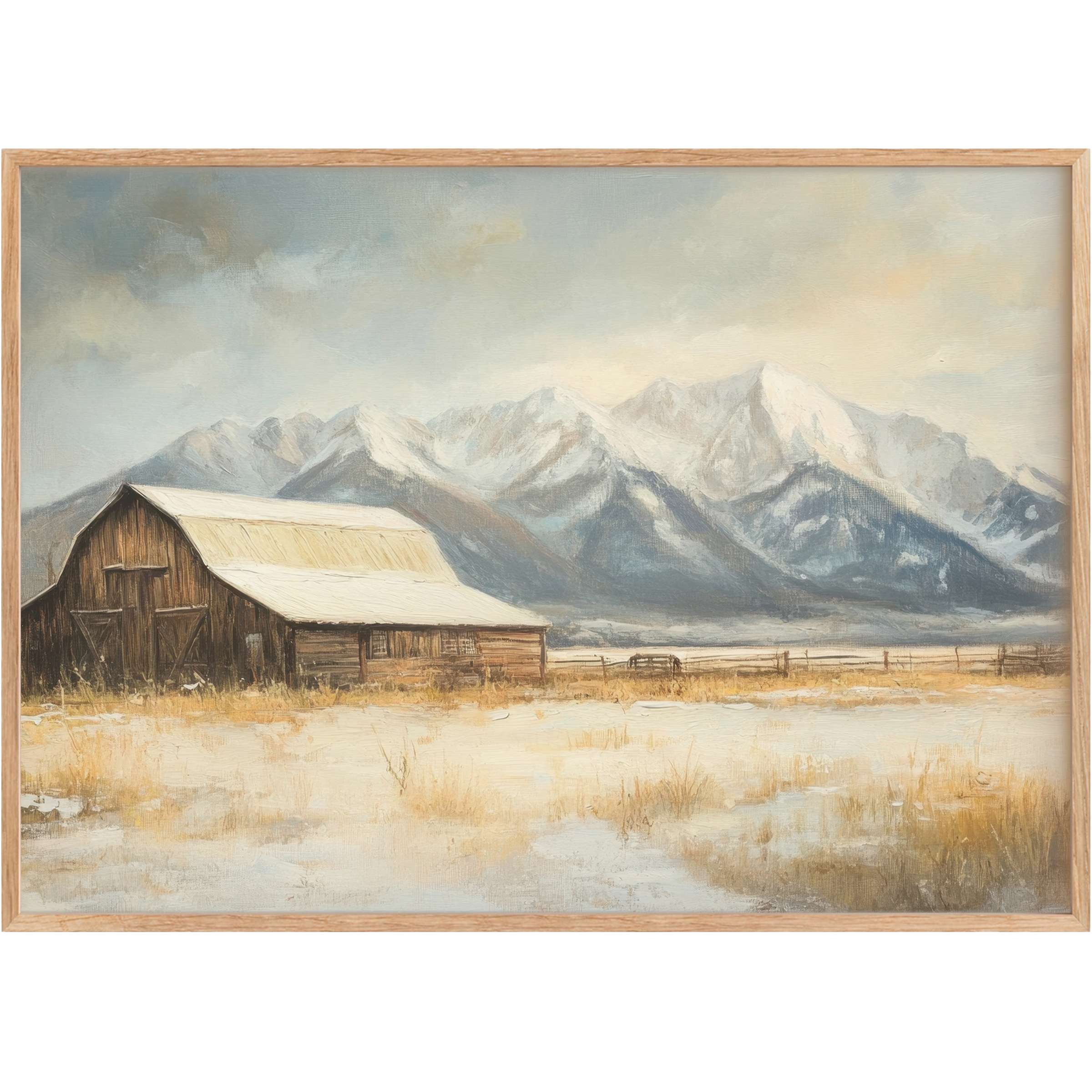 Rustic warmth meets tranquil winter serenity in this farmhouse printable wall art, featuring soft golden fields under snowy mountain peaks