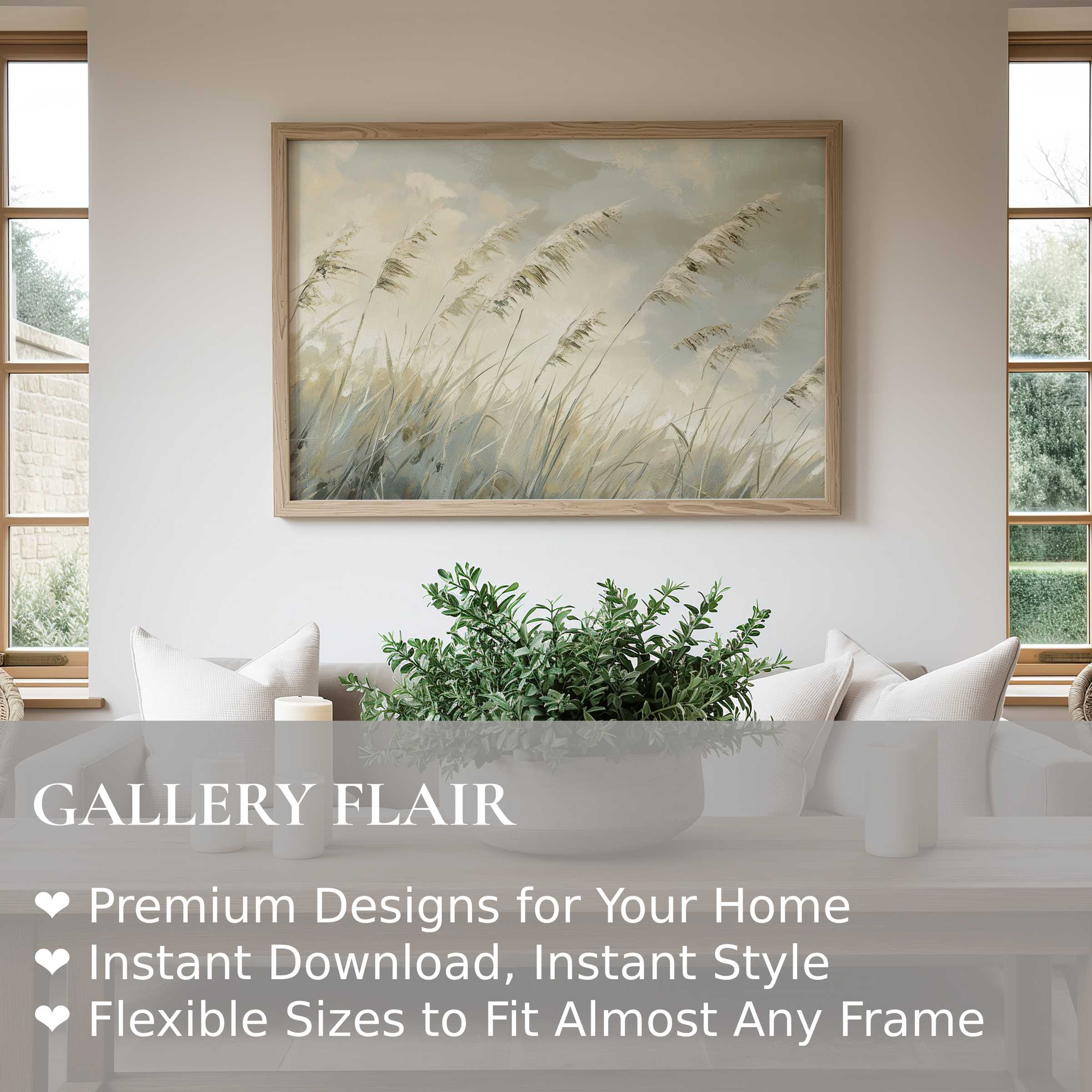 Serene beach wall art print with soft, swaying dunes in muted tones, enhancing minimalist, coastal-inspired interiors with calming elegance