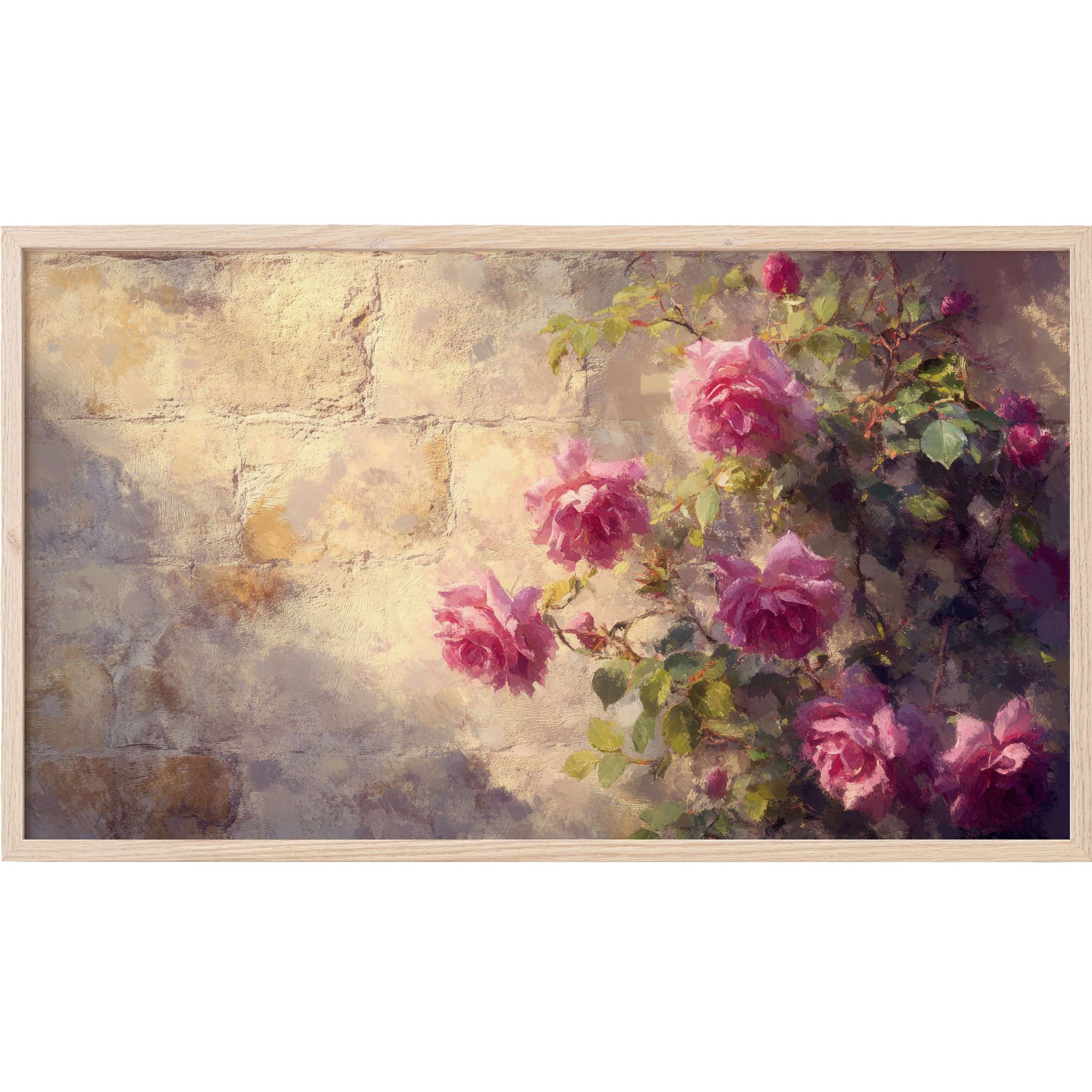 Vintage Frame TV Art featuring soft pink roses against a textured beige stone wall in a painterly, impressionist style