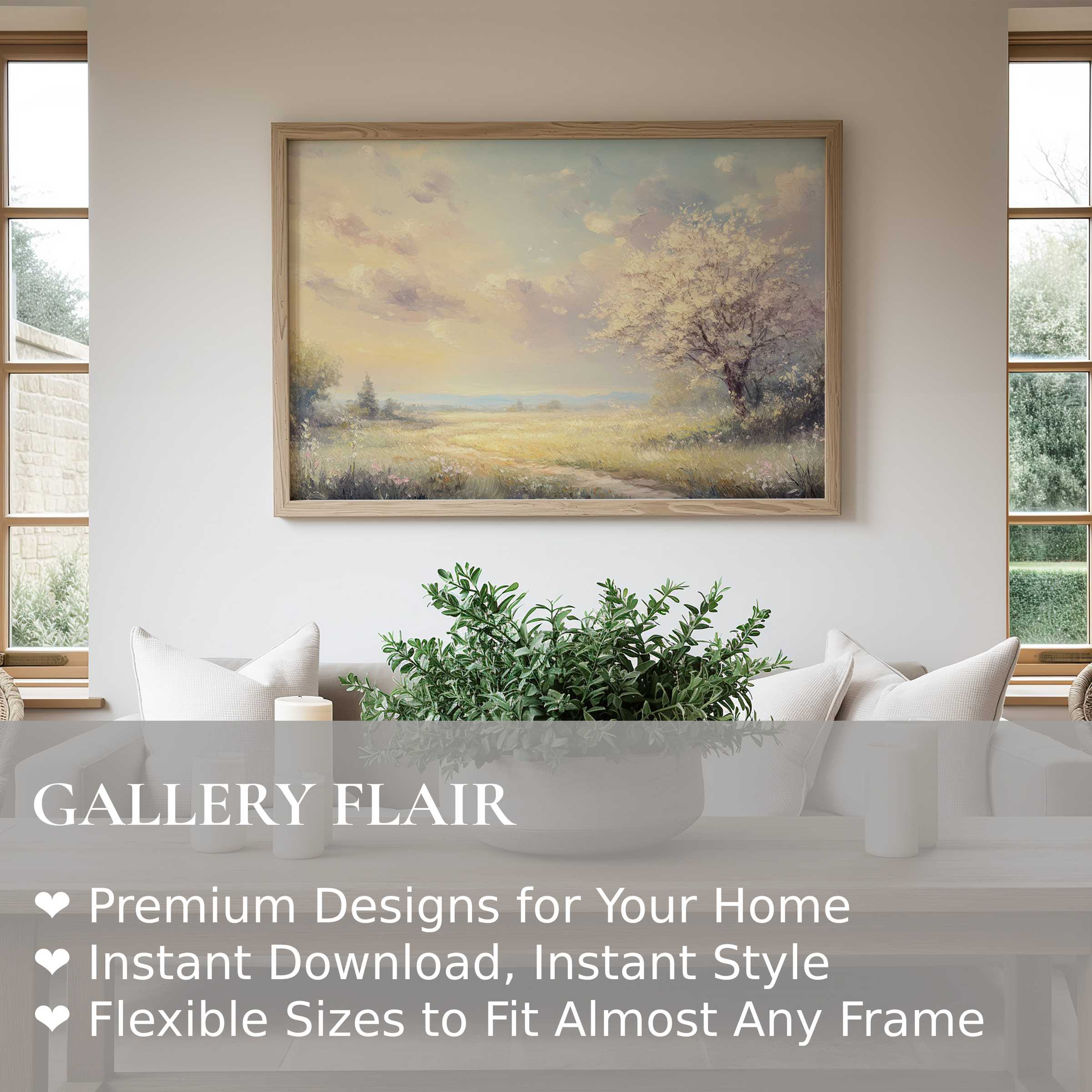 Radiant spring wall art print featuring a serene blossoming tree in soft pastels, enhancing modern minimalist interiors with calming elegance