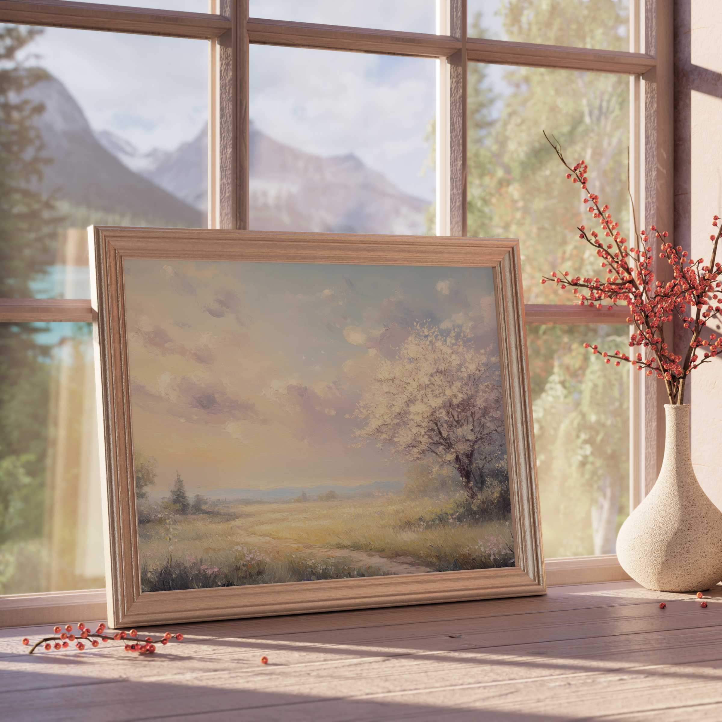 Spring downloadable art captures a serene blossoming tree bathed in warm light, perfect for curated tranquil interiors