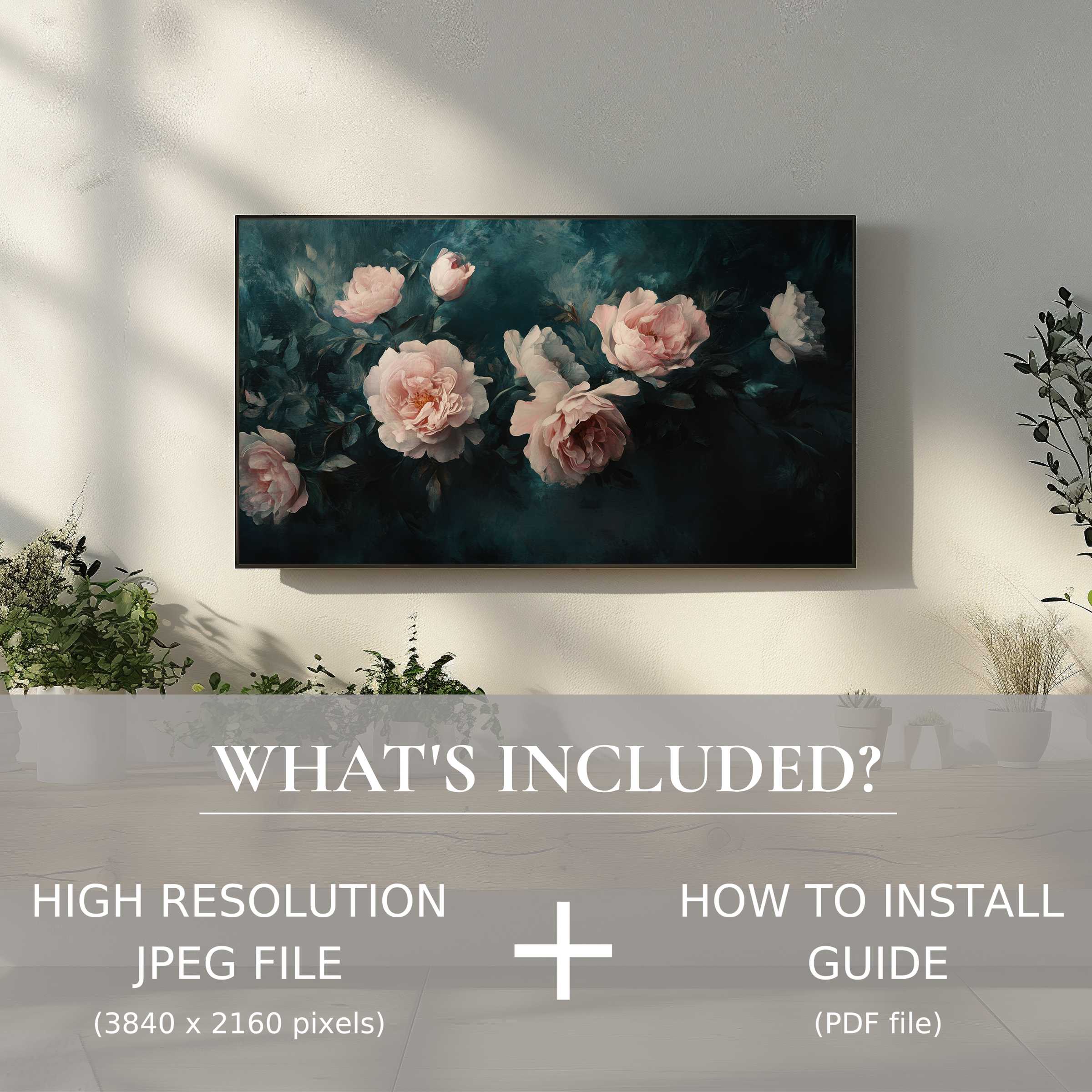Elegant floral digital TV art download effortlessly enhances your chic living space with easy digital use and timeless beauty