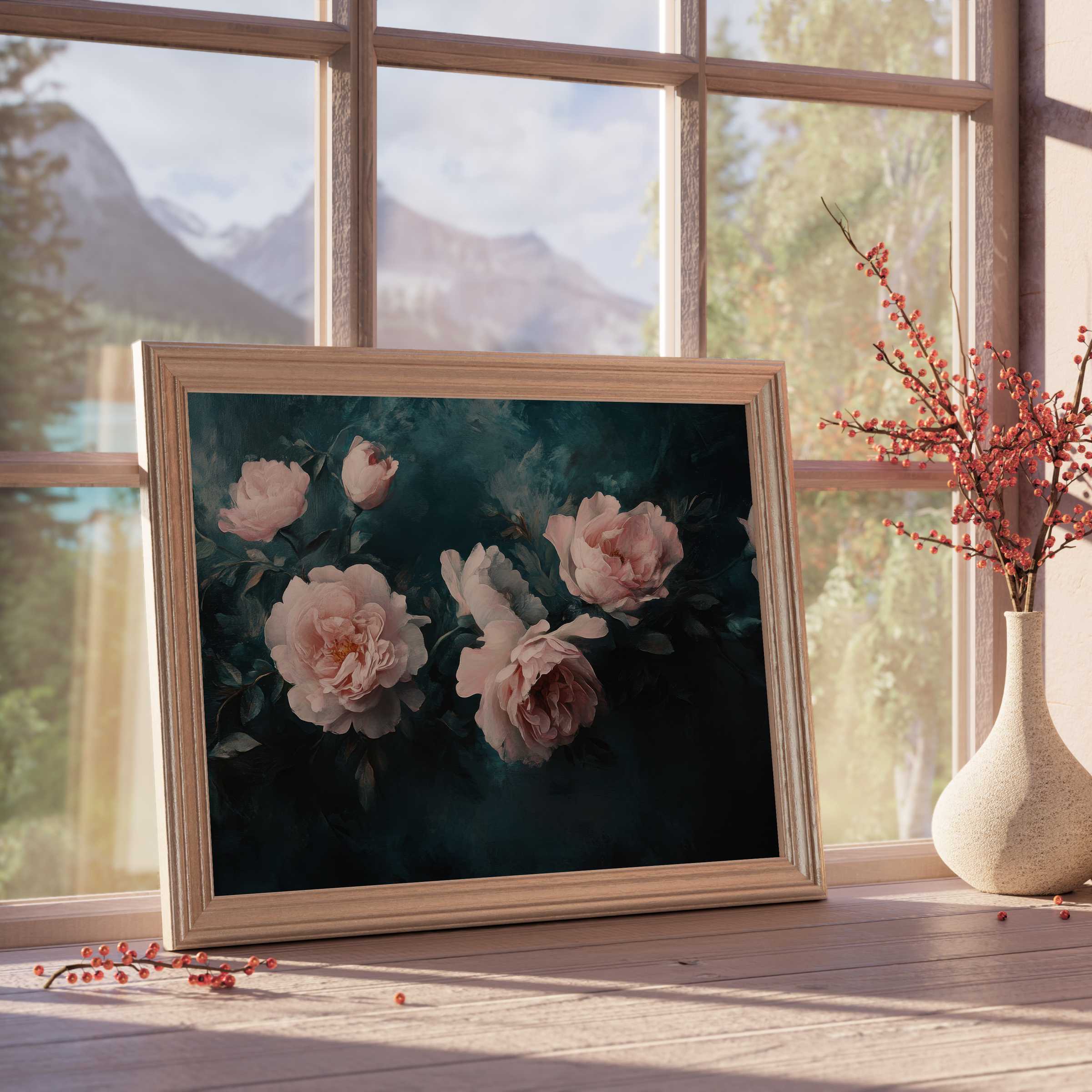Elegant floral downloadable art featuring delicate blush peonies against a deep teal backdrop, perfect for serene, curated interiors