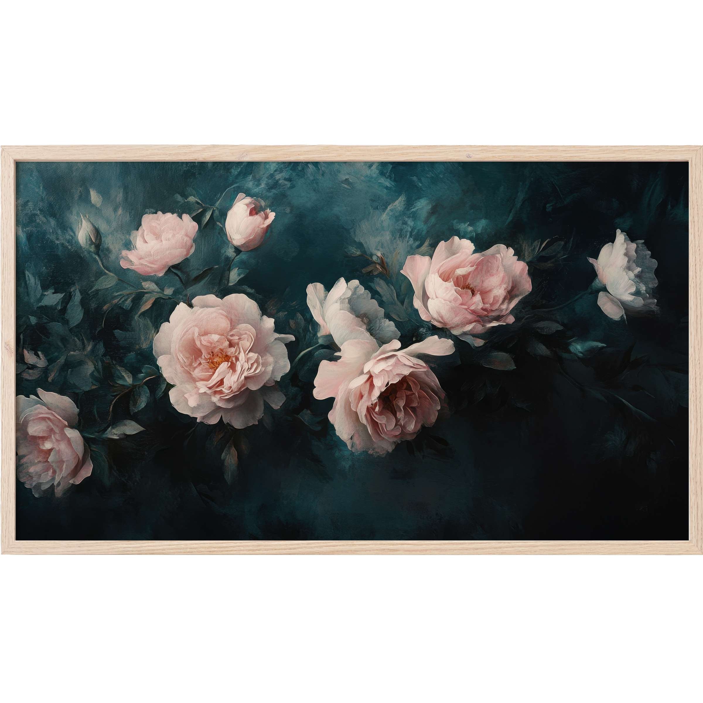 Floral Frame TV Art with soft pink roses on a deep teal background, evoking elegant, modern botanical beauty