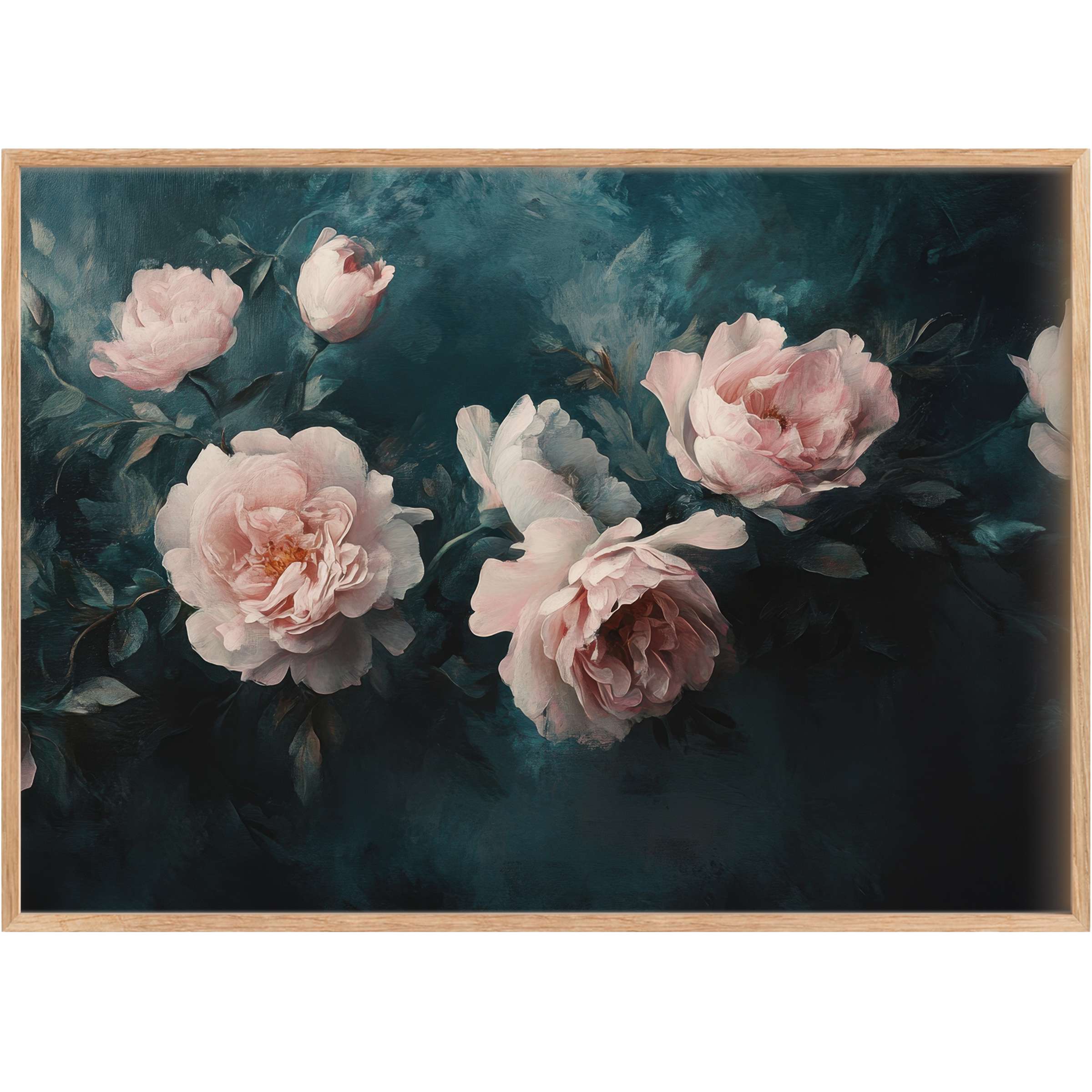 Elegant floral printable wall art featuring soft pink peonies on a deep teal backdrop, evoking a serene, timeless ambiance