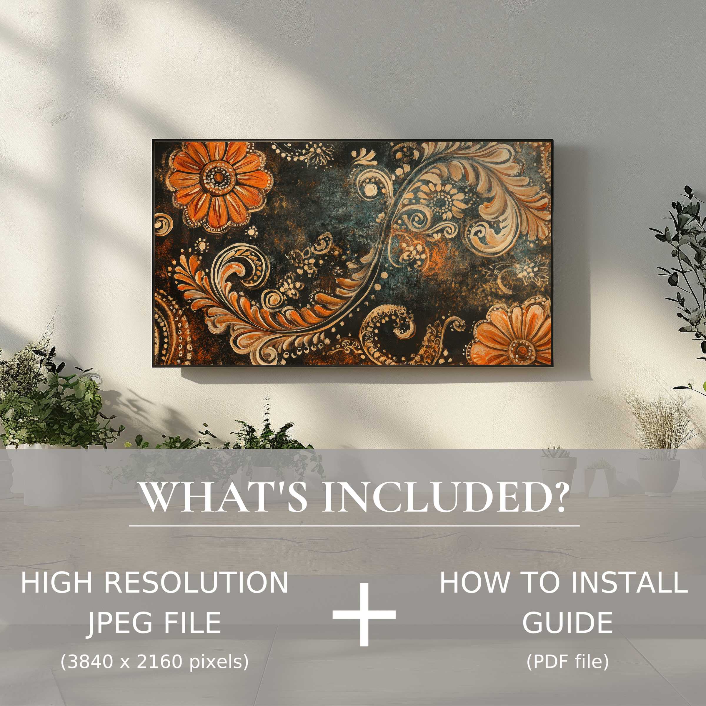 Elegant boho digital TV art download with easy use, enriching your living space with warm, stylish floral design