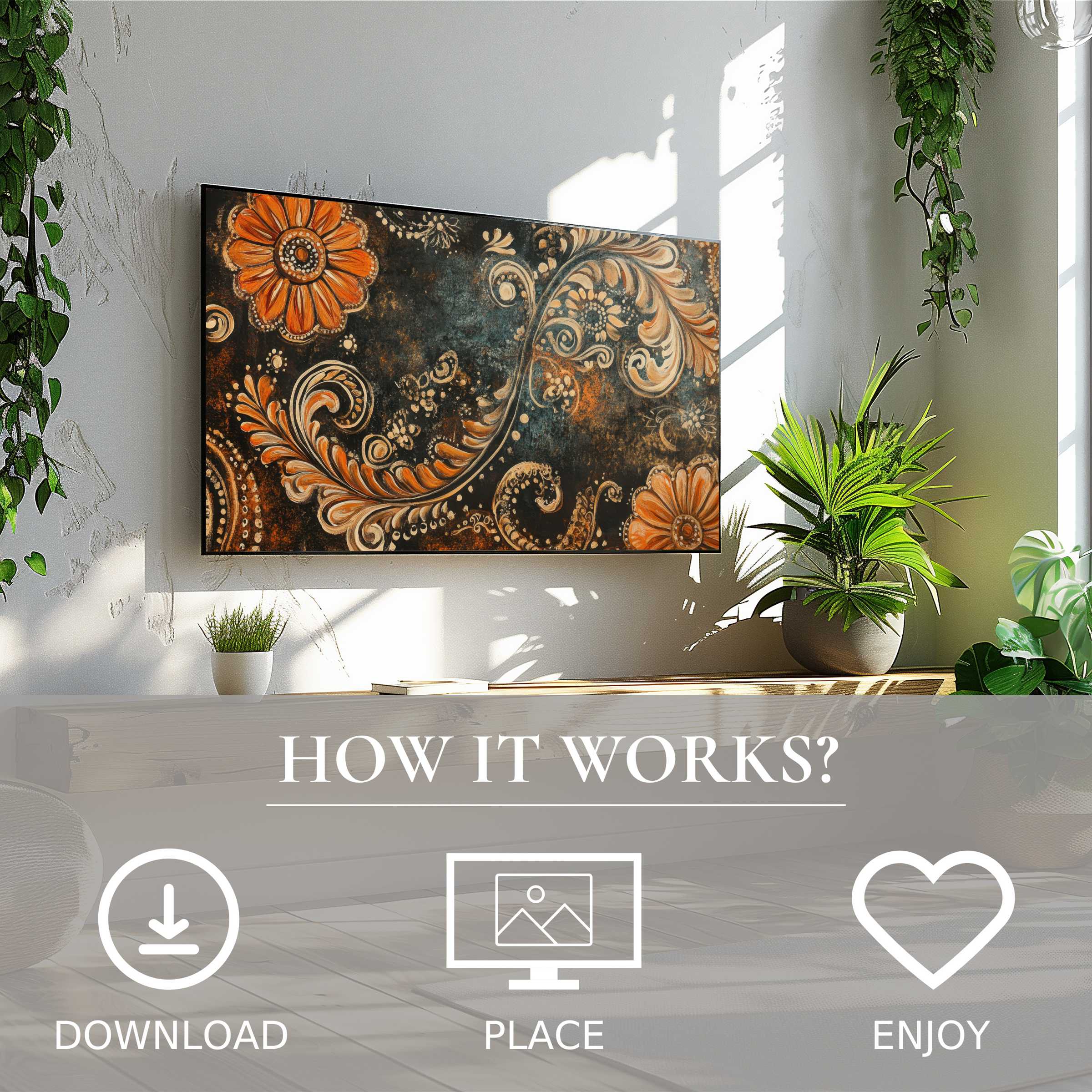 Boho art for Samsung TV with easy digital download, warm floral motif enriches modern living space effortlessly