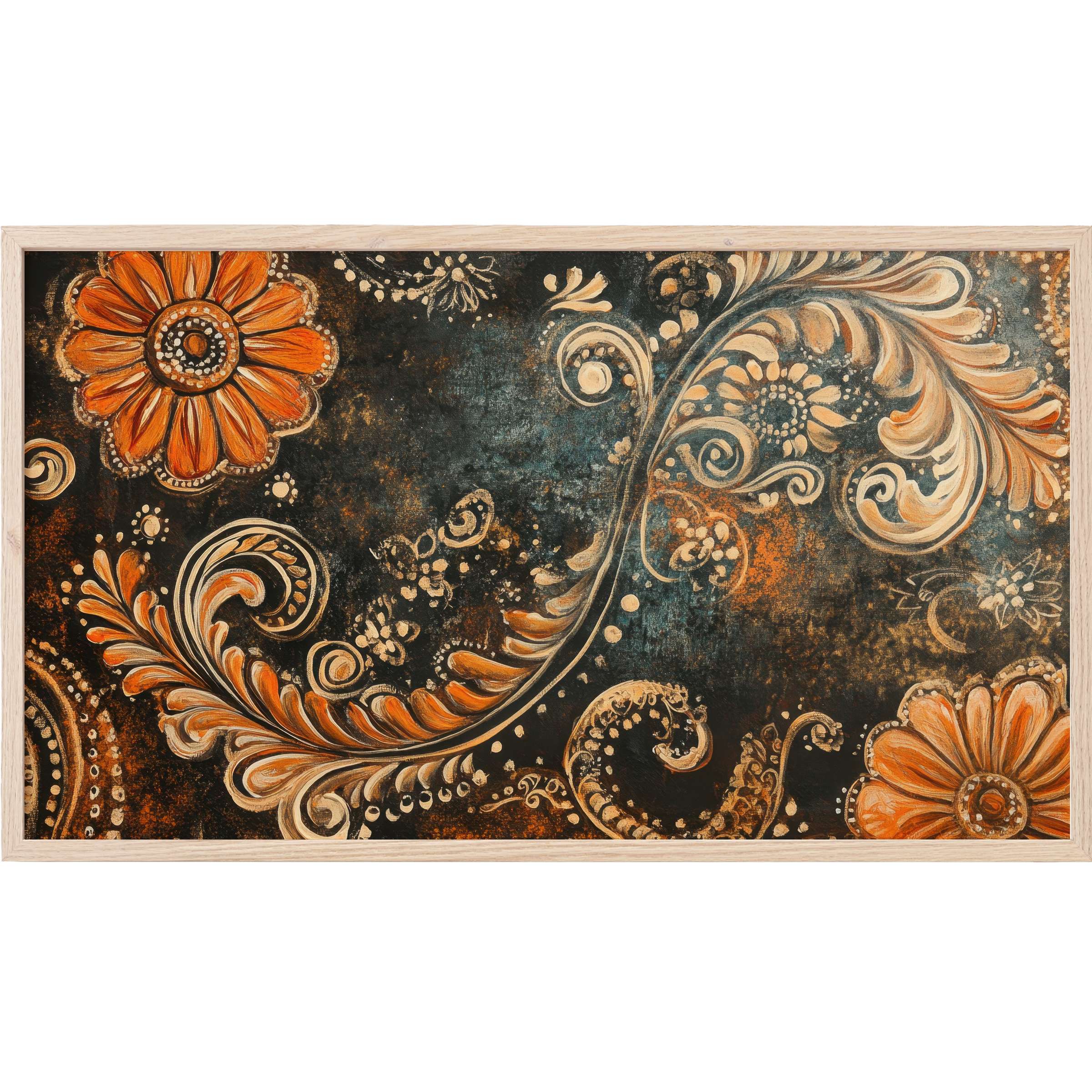 Boho Frame TV Art with rich orange florals and elegant cream swirls on a textured dark teal background