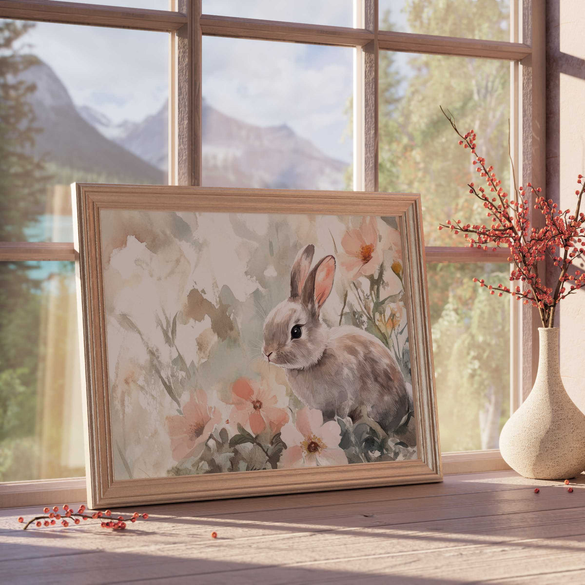Easter downloadable art featuring a serene bunny amid soft blooms, elevating tranquil, curated modern interiors