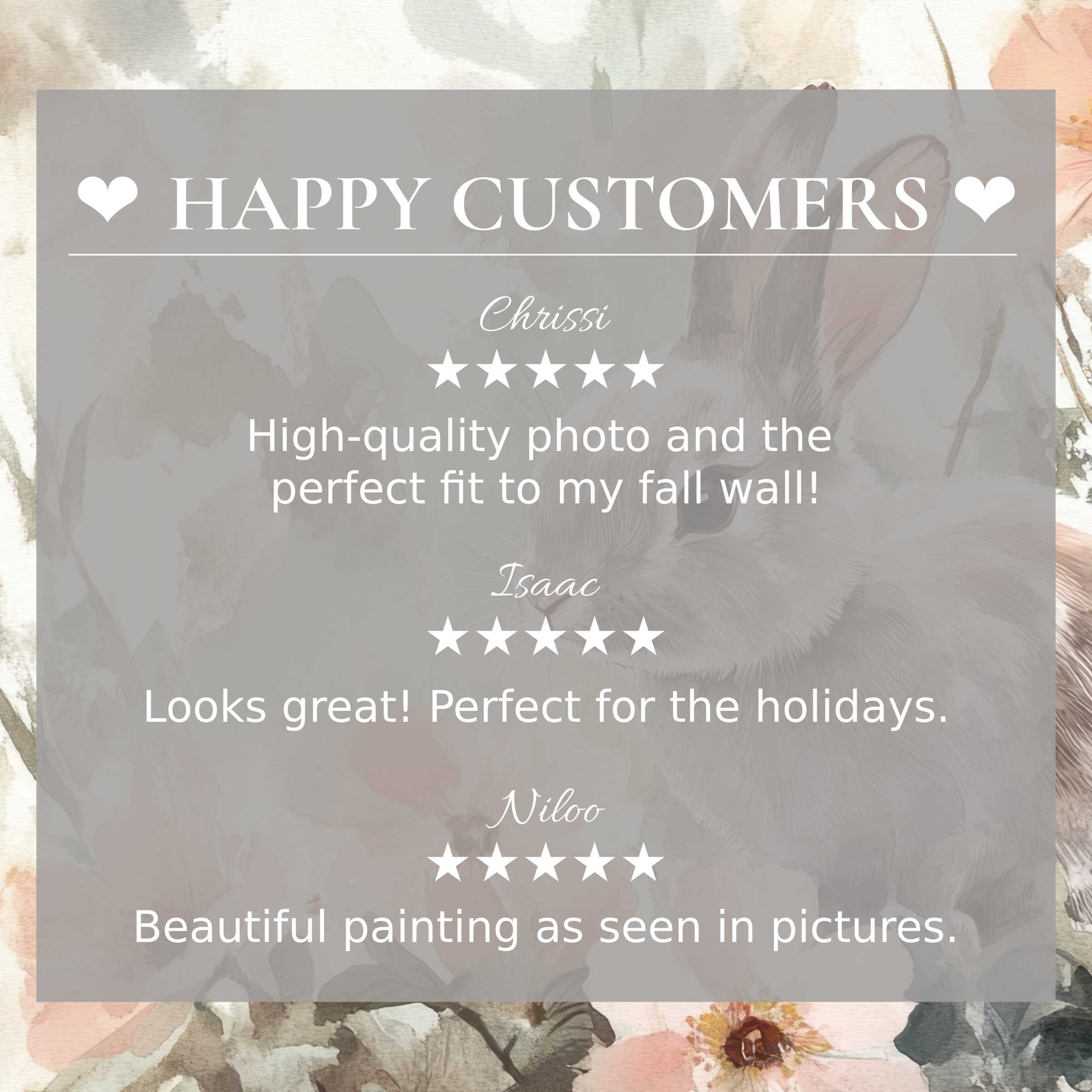 Happy customer reviews highlight elegant easter art for Frame TV with soft floral and bunny watercolor backdrop