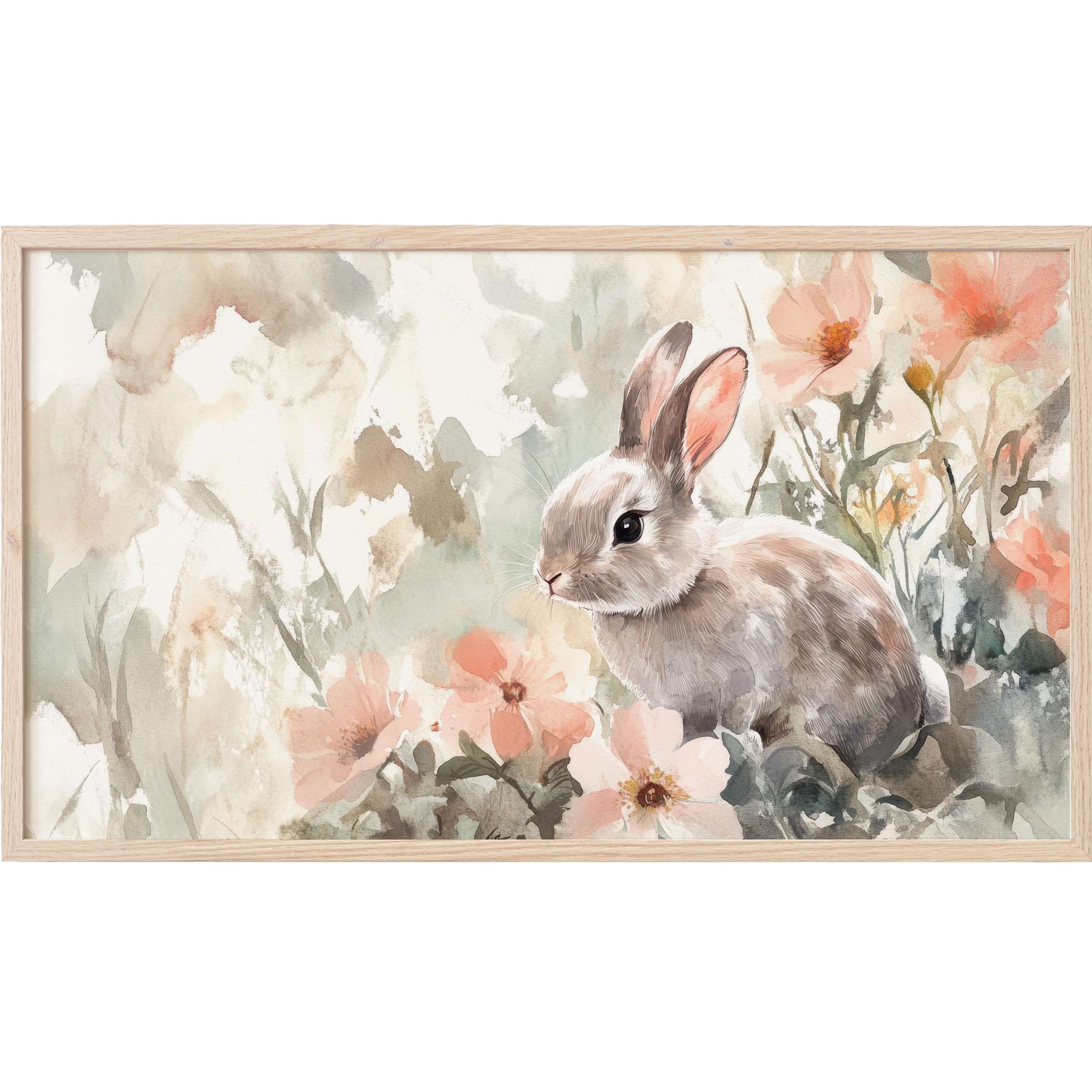 Delicate watercolor bunny amid soft peach blooms and muted greens, an elegant easter Frame TV Art for refined spaces
