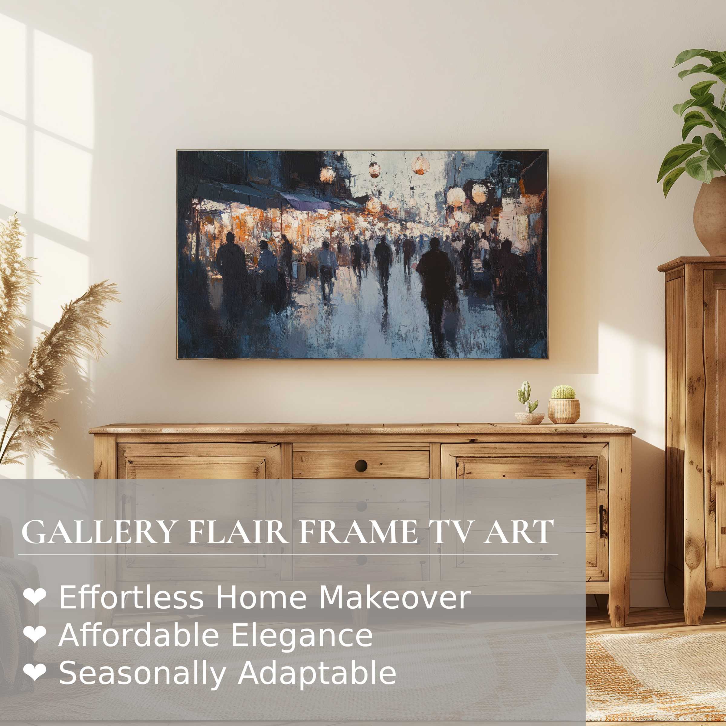 Samsung Frame TV displaying urban digital artwork of a luminous cityscape in a chic, modern living room