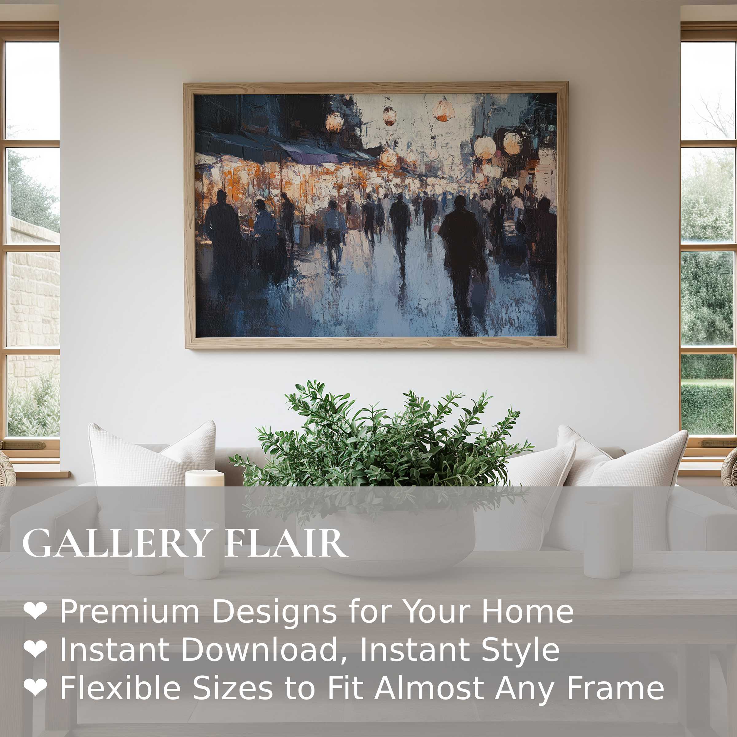 Urban art wall art print capturing a radiant, bustling street scene in moody blues and warm ambers Enhances modern minimalist interiors with dynamic ambiance and sophisticated city vibes