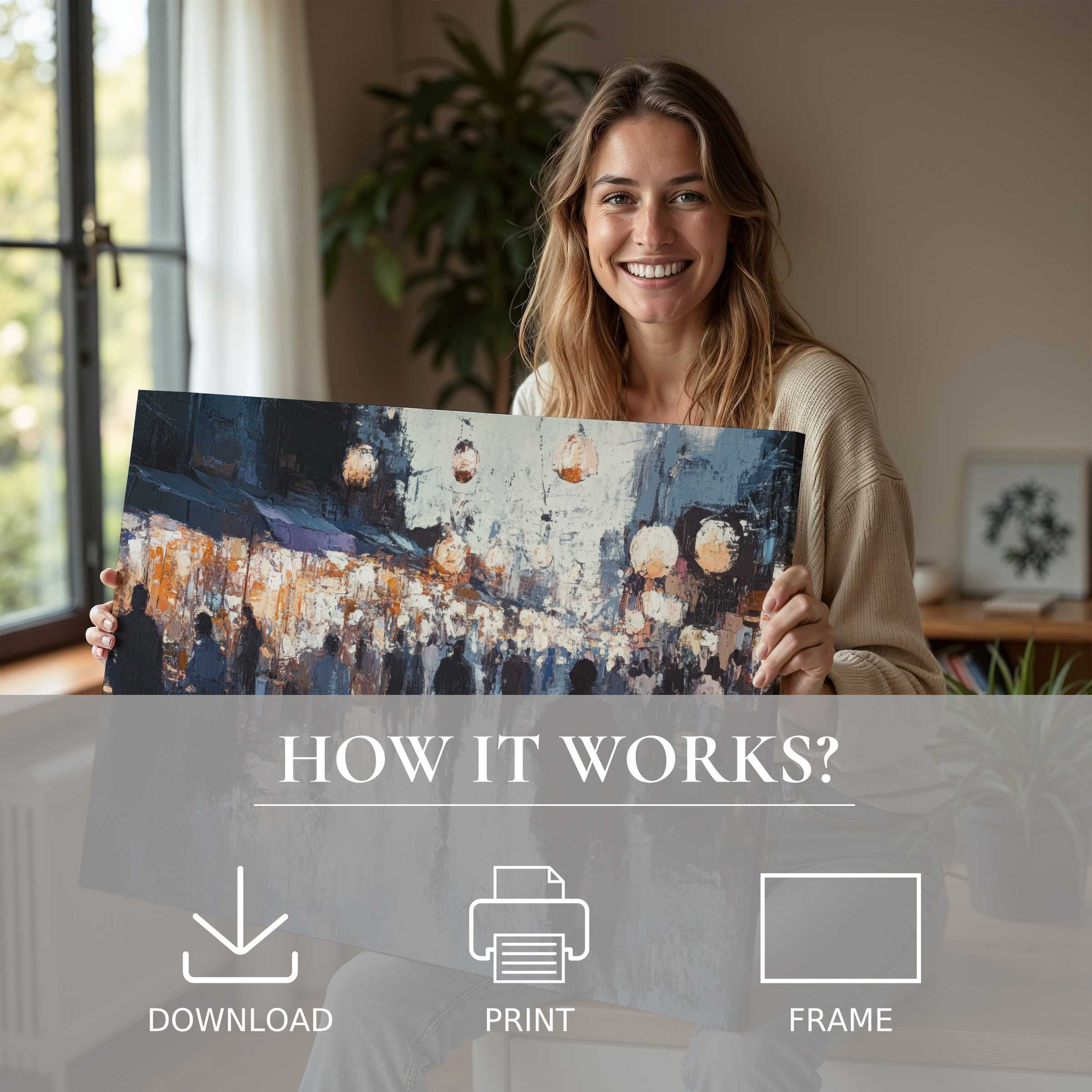 Joy radiates as a woman reveals an urban digital art print, adding warmth and modern elegance to her stylish home