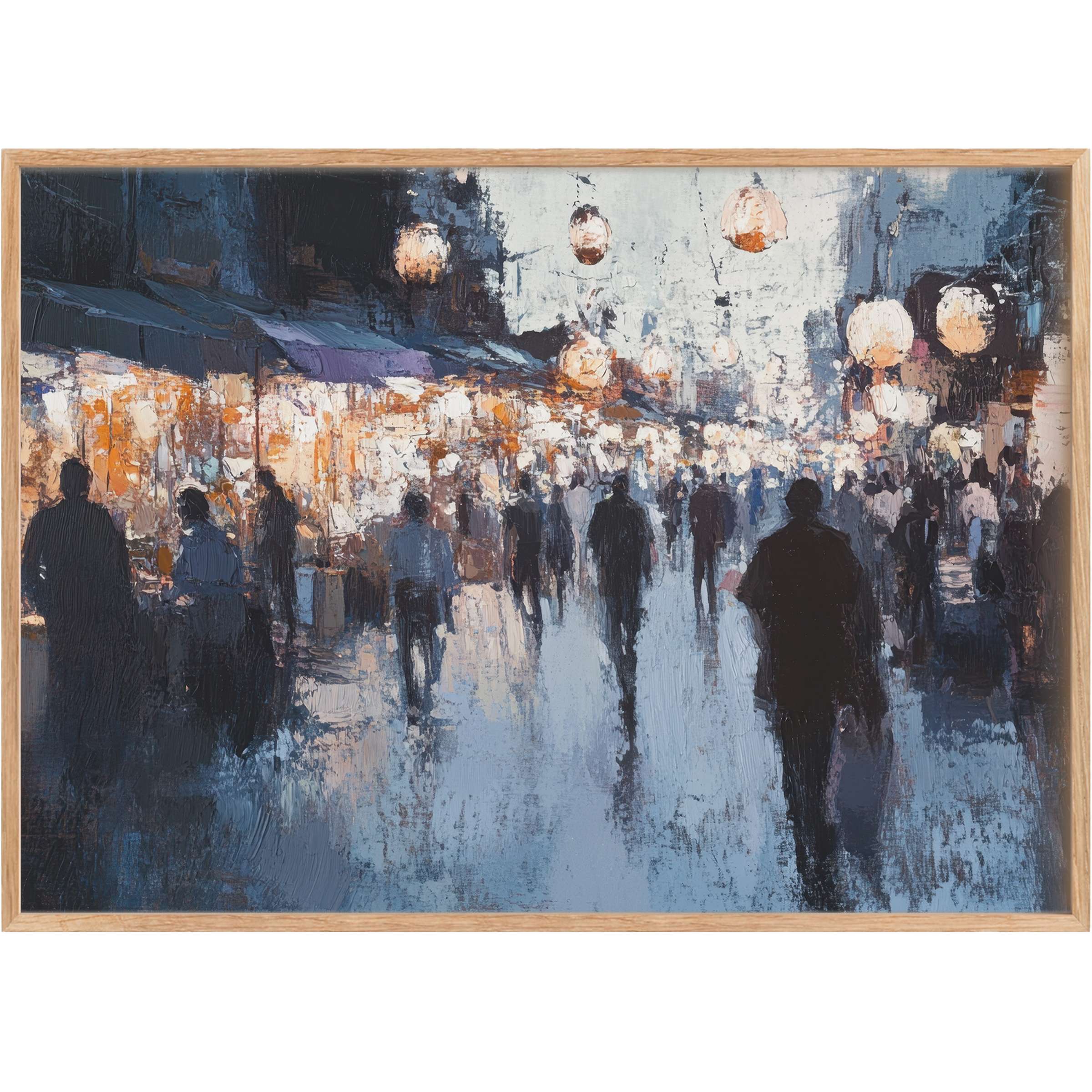 Moody urban printable wall art captures a twilight cityscape with deep blues and warm amber lights, evoking a serene yet vibrant atmosphere