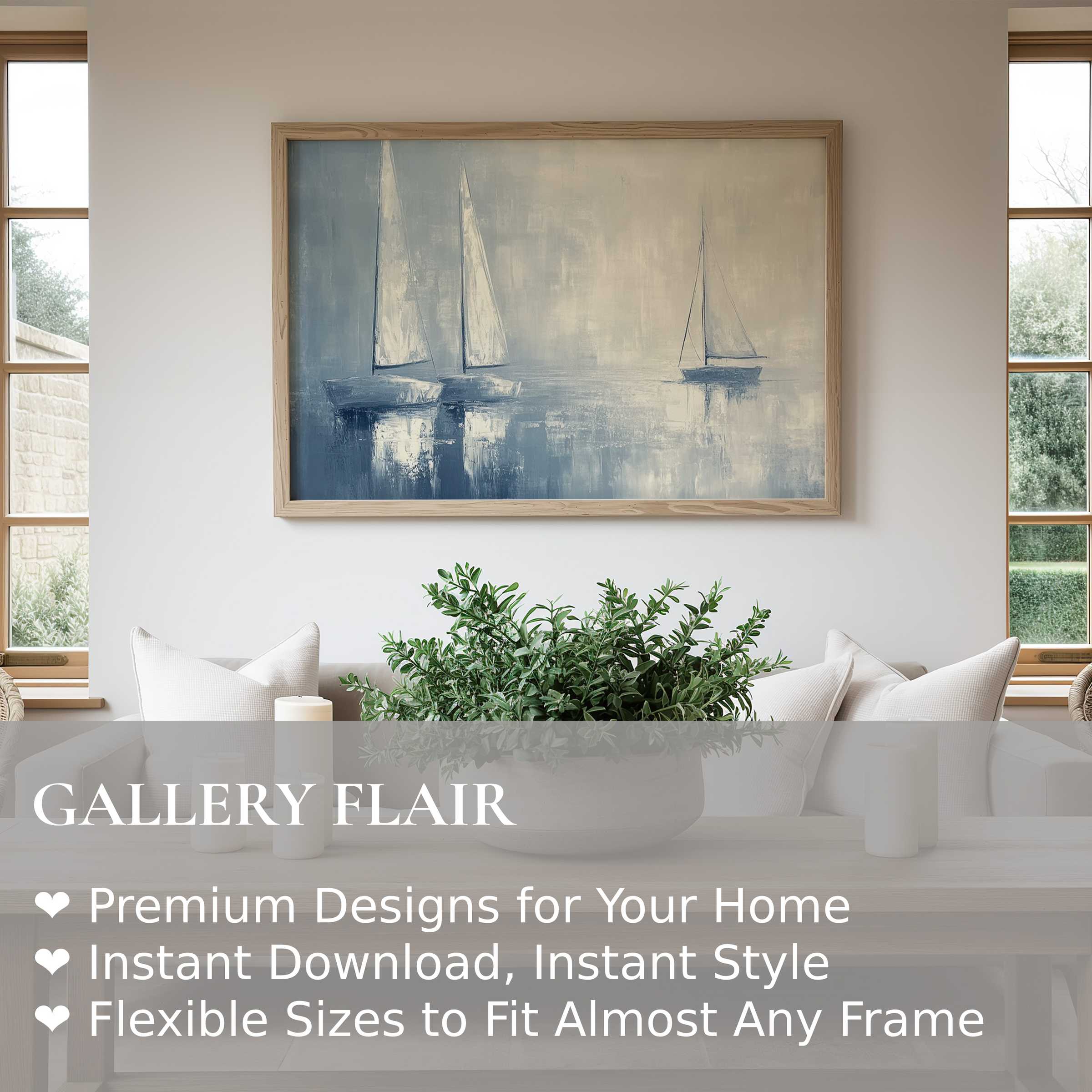 Coastal wall art print with serene sailboats in soft blues and neutrals, elevating modern minimalist interiors with calming, airy elegance