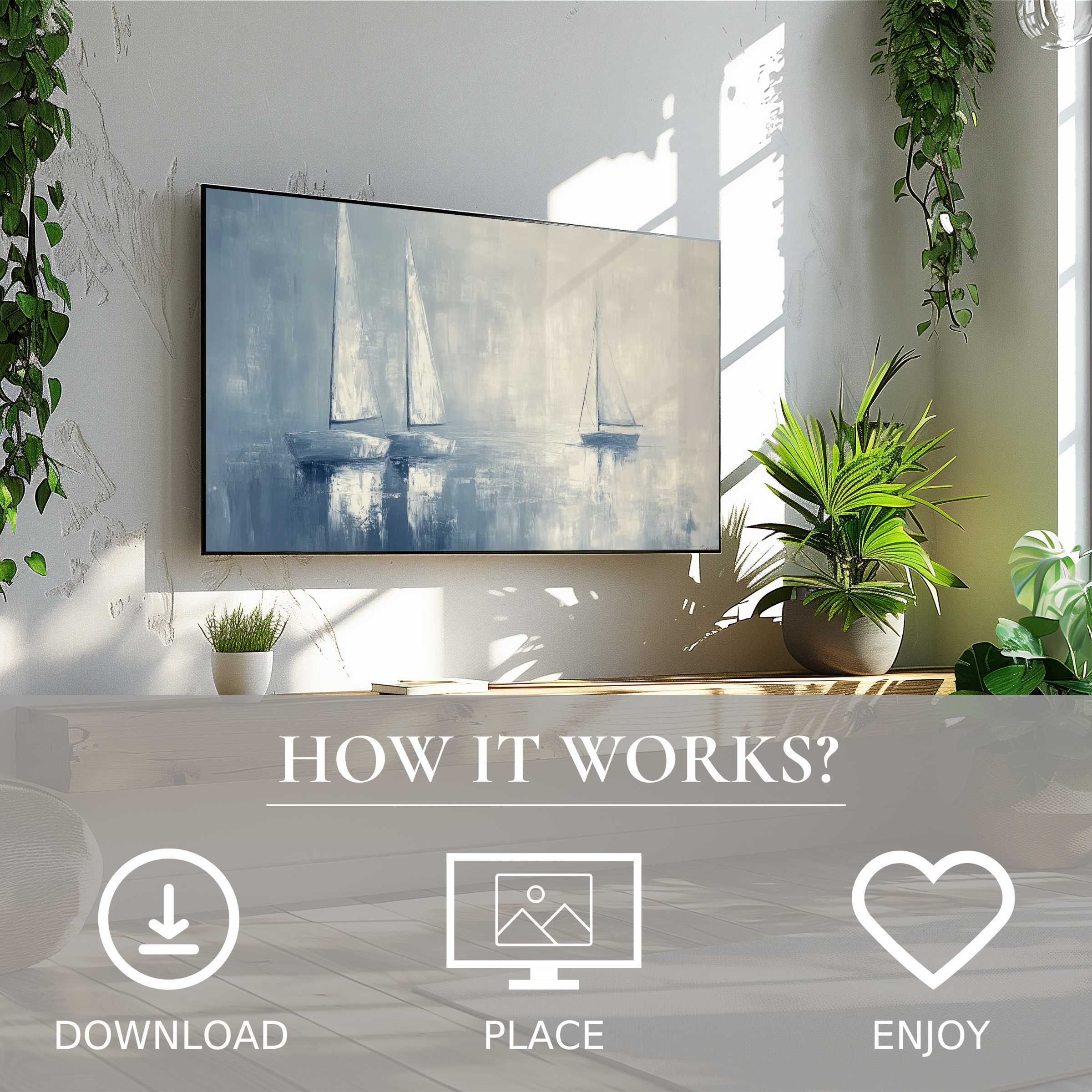 Coastal art for Samsung TV shows soft blue sailboats; easy digital download enriches modern, airy living spaces