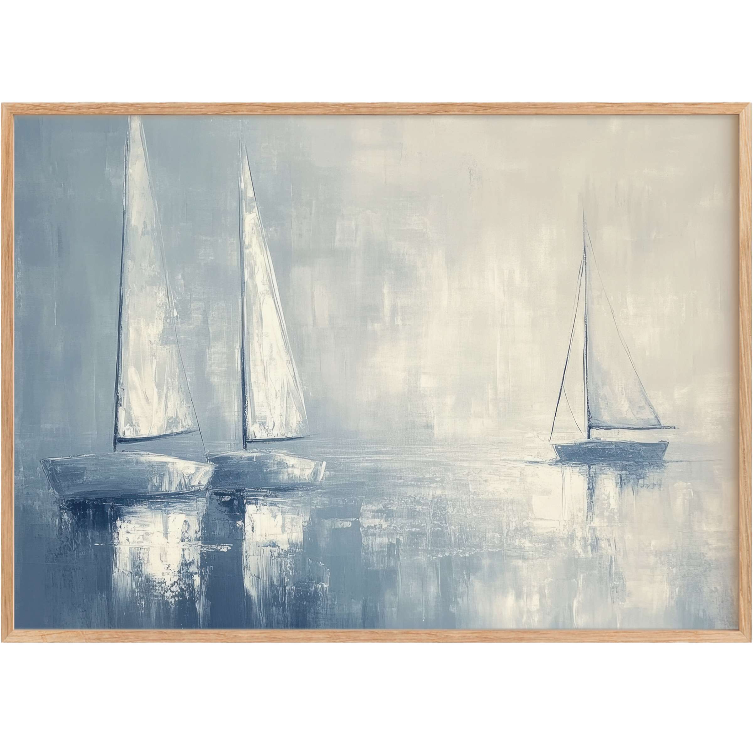 Coastal printable wall art featuring serene sailboats in muted blues and soft grays, evoking a tranquil, airy ambiance