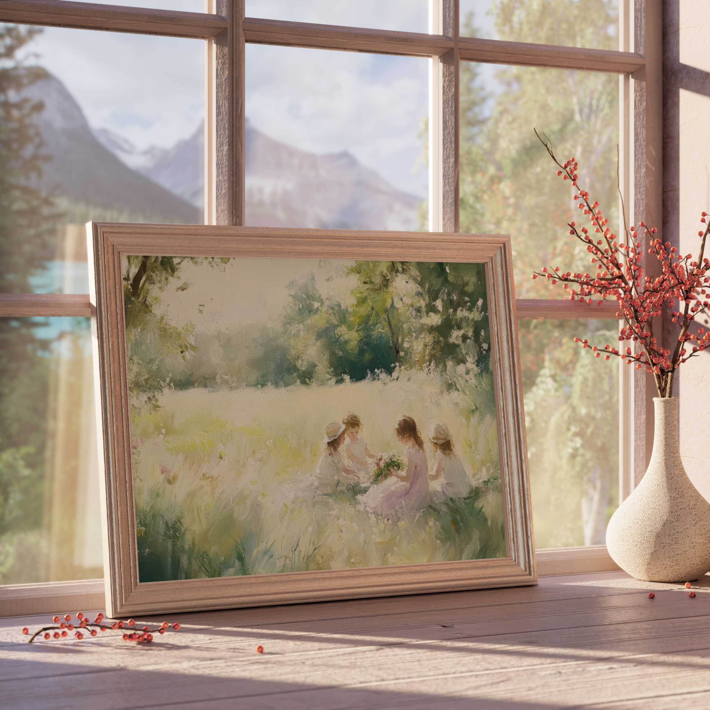 Summer downloadable art capturing serene childhood moments bathed in warm light, elevating tranquil, curated interiors with timeless elegance