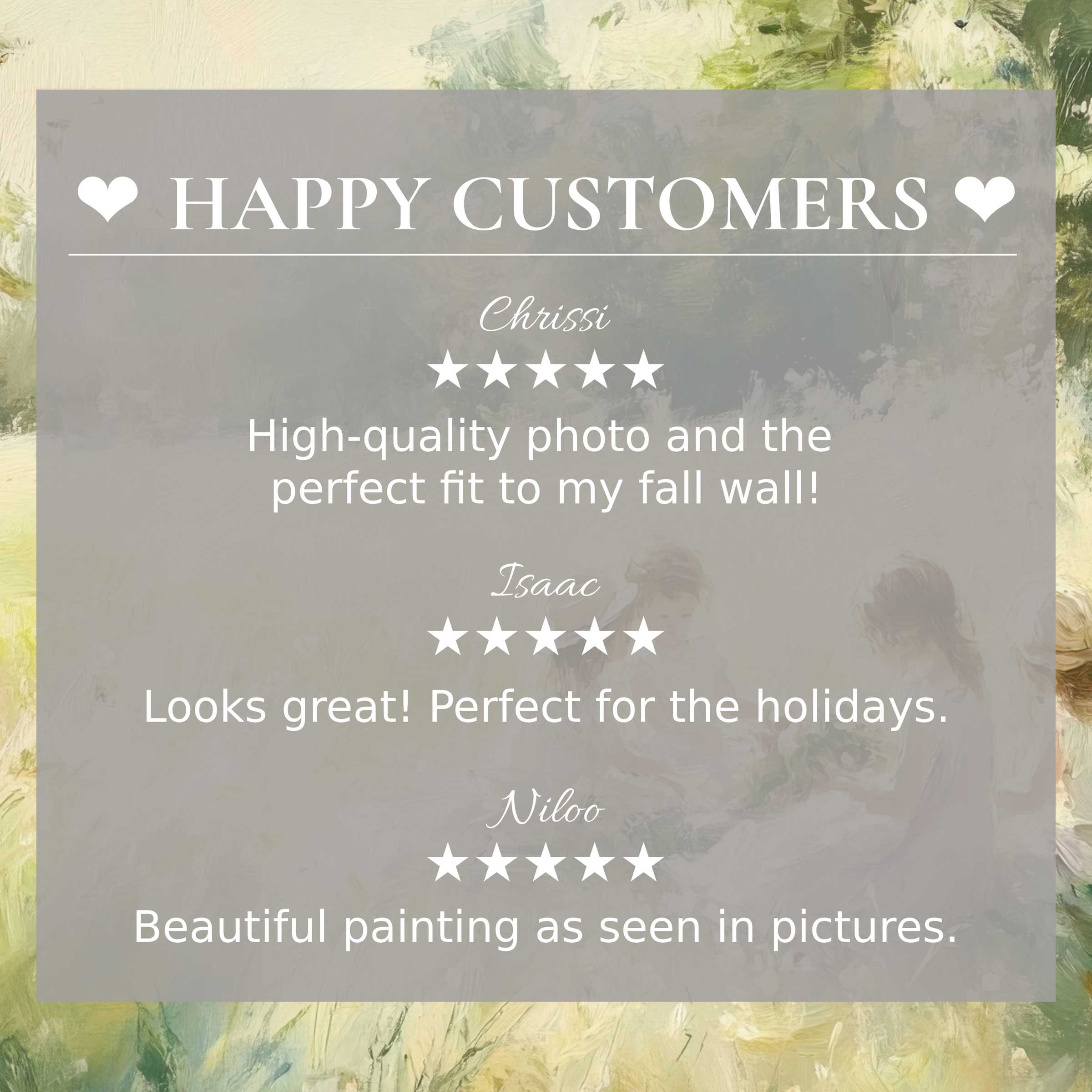 Elegant summer art for Frame TV with abstract sunset hues, showcasing happy customer reviews for trusted style