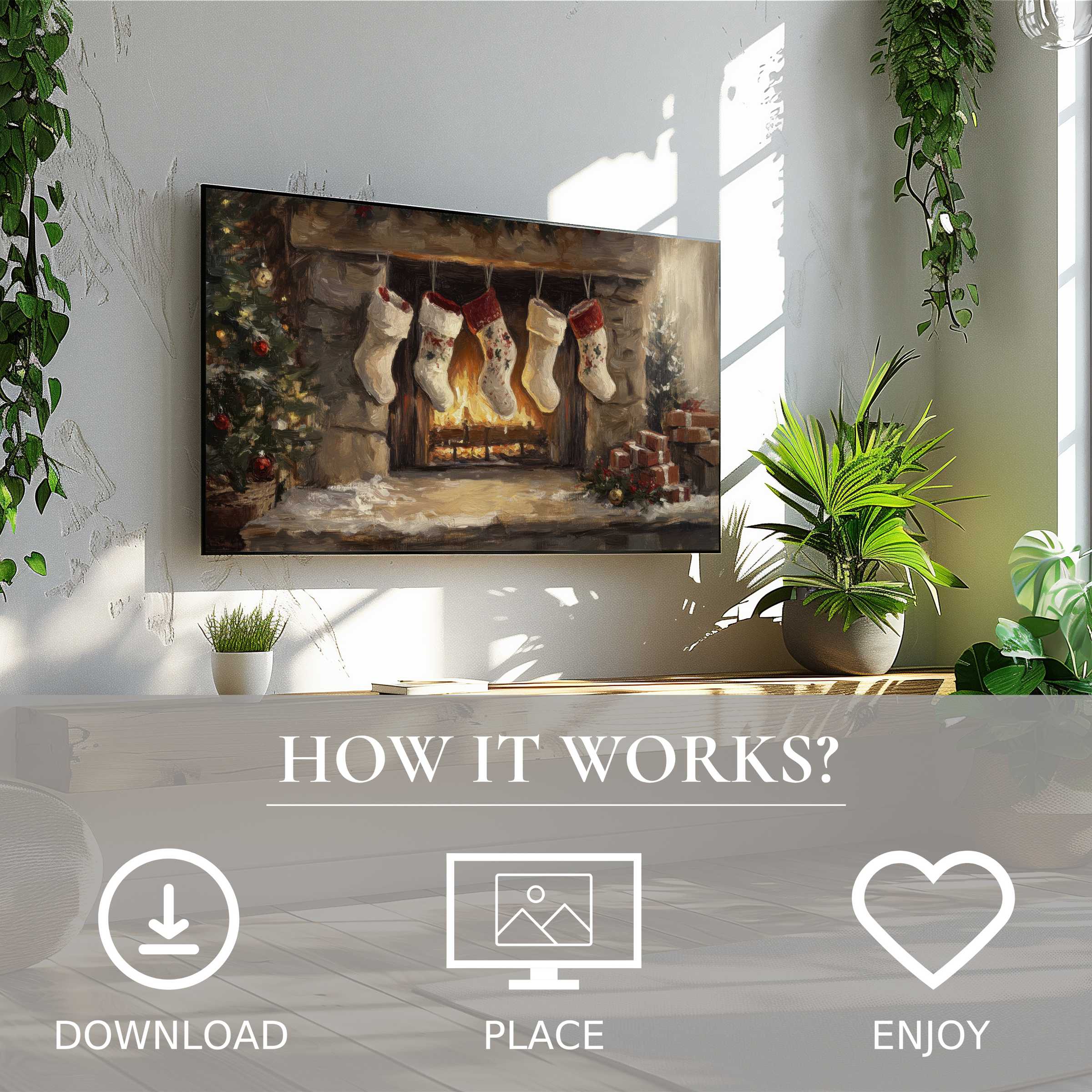 Cozy living room with easy digital download; christmas art for Samsung TV shows warm fireplace and stockings