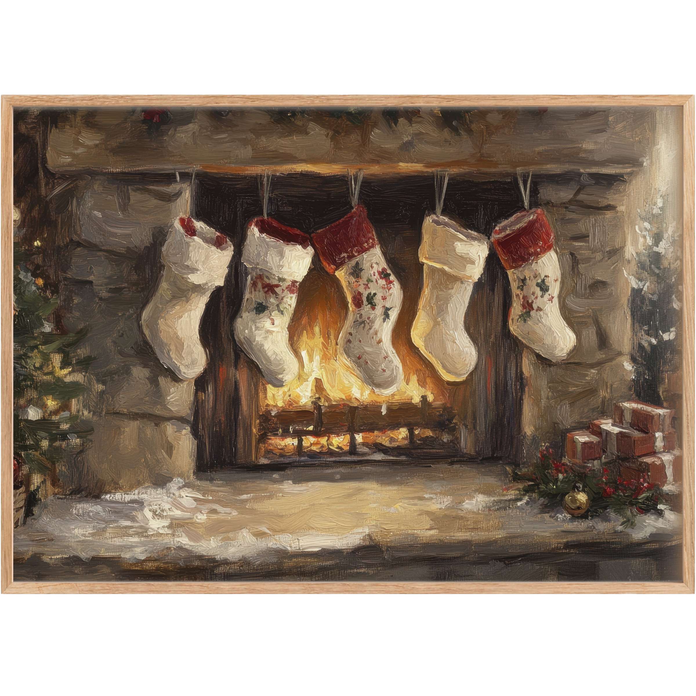 Christmas printable wall art featuring cozy stockings by a glowing stone hearth, evoking warm, inviting holiday charm