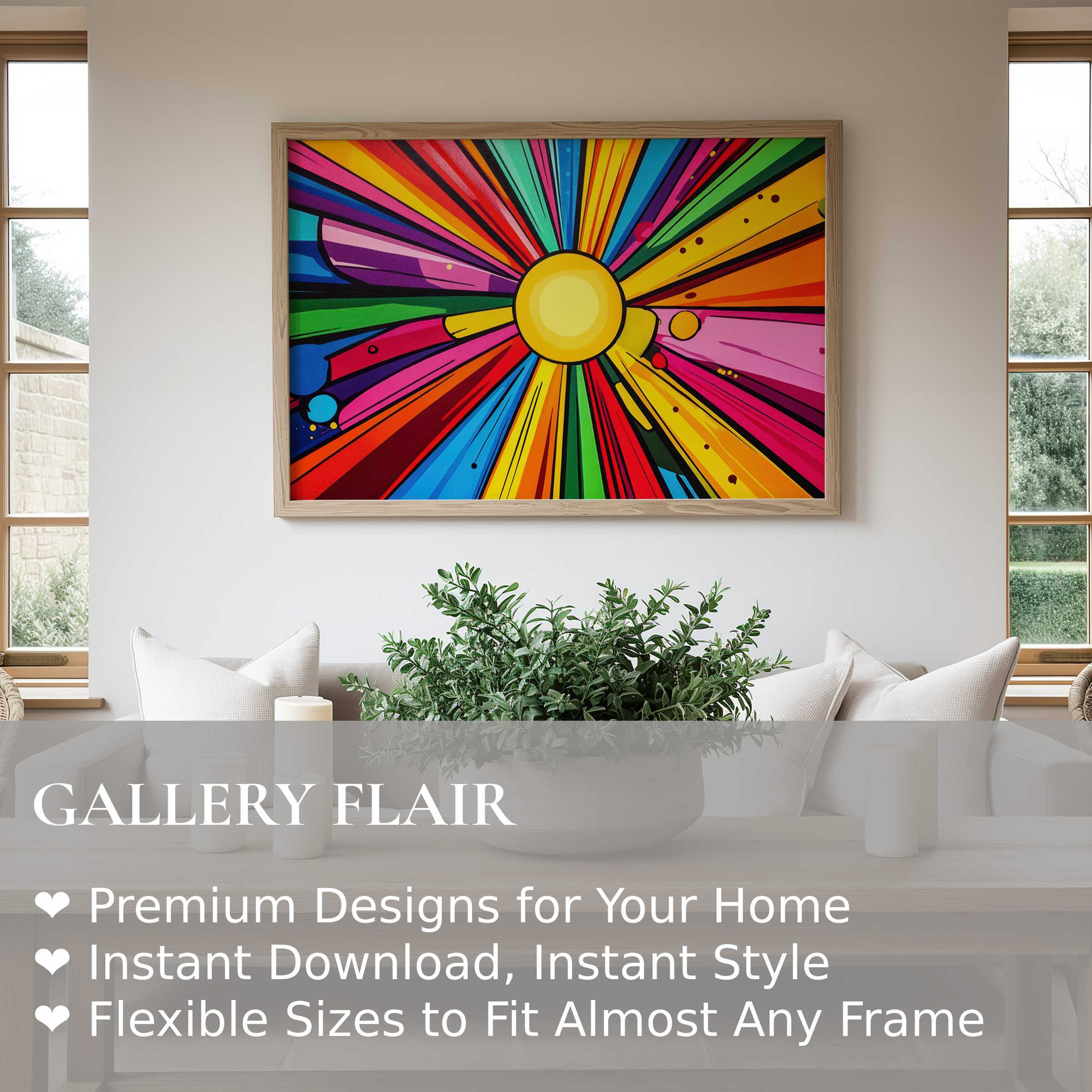 Vibrant pop art wall art print featuring radiant sunburst hues that energize this minimalist living space with bold, modern flair