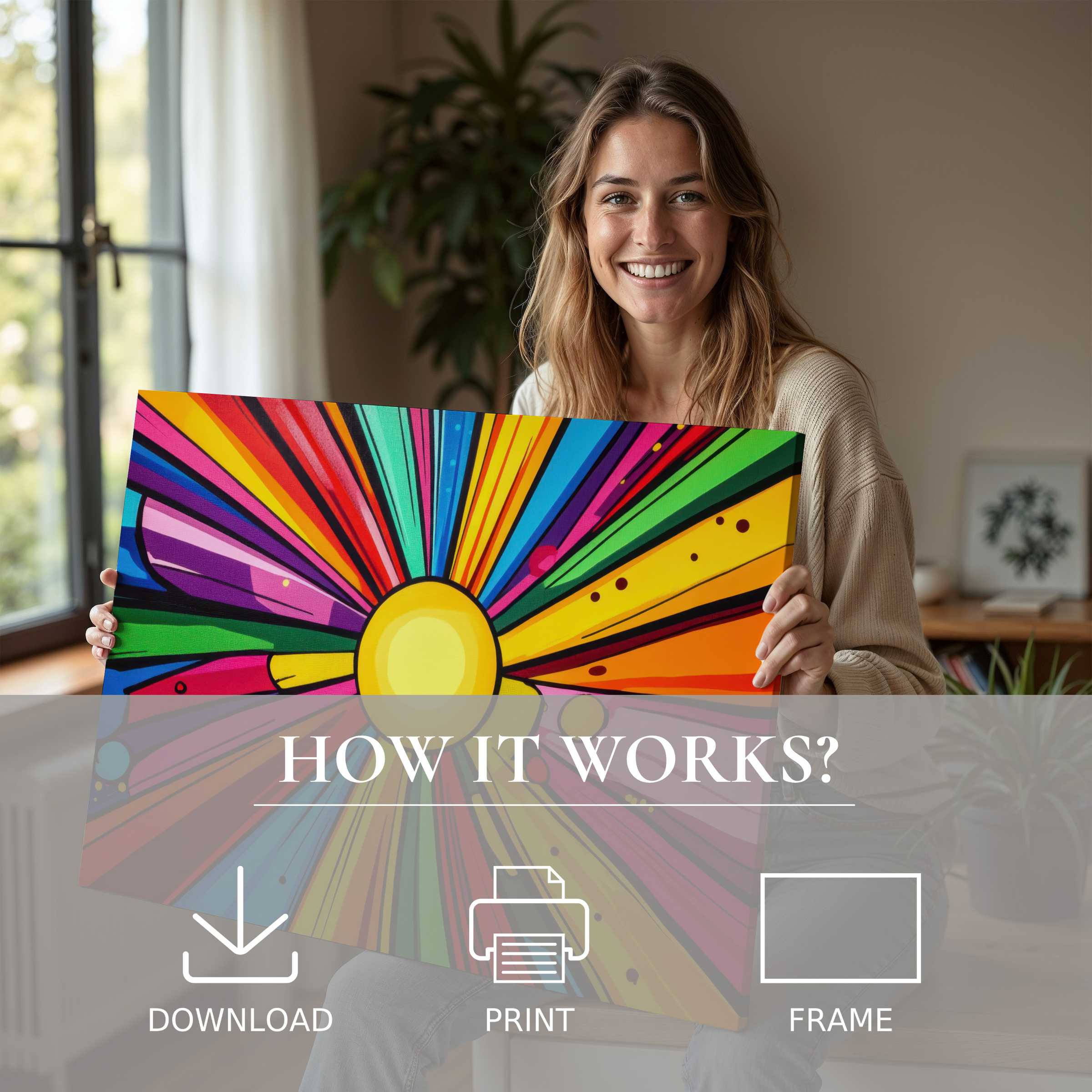 Bright pop art digital art print radiates joy and connection in a serene modern home, elevating everyday living with effortless beauty