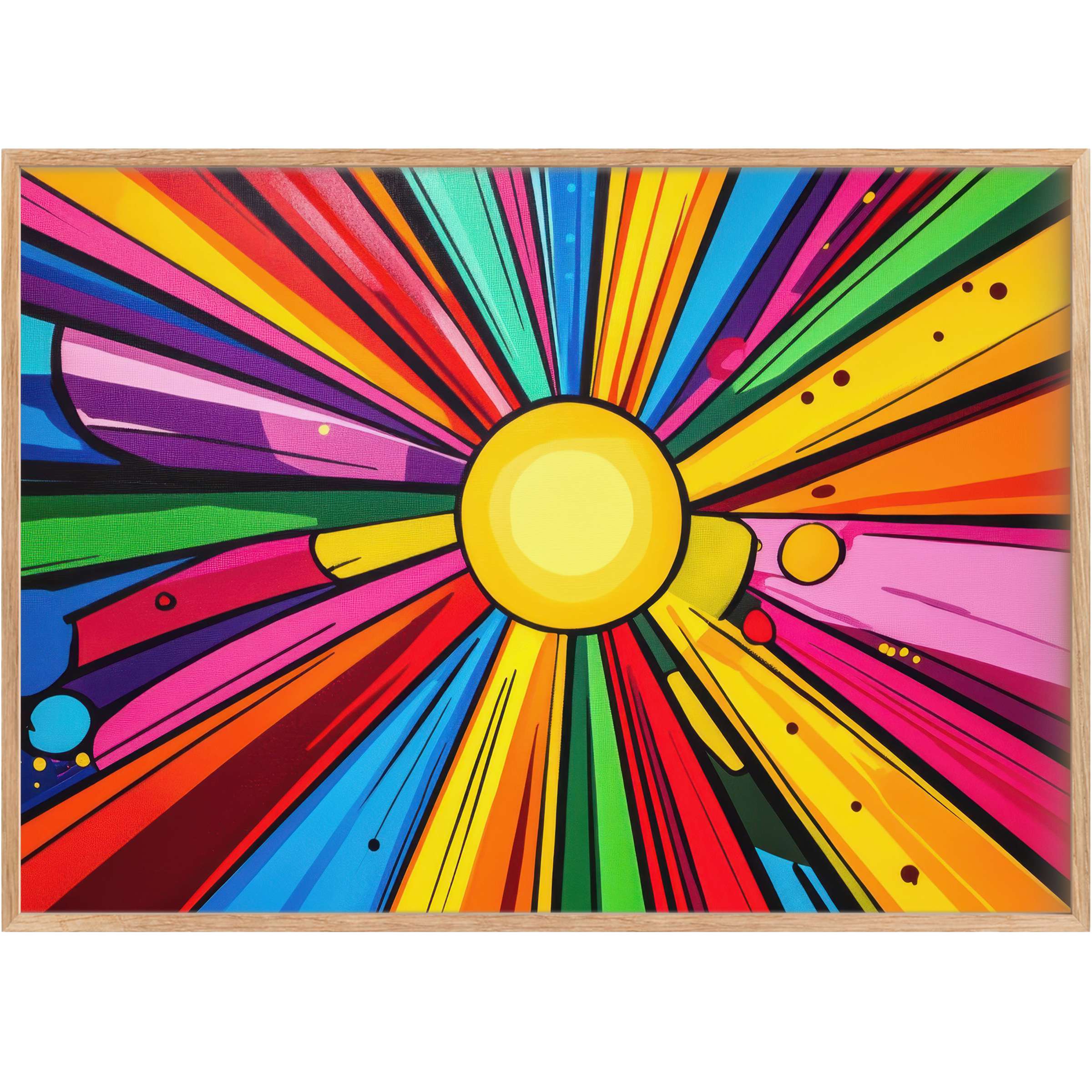 Vibrant pop art printable wall art radiates energy with sunburst rays in bold yellows, reds, blues, and greens, uplifting modern spaces