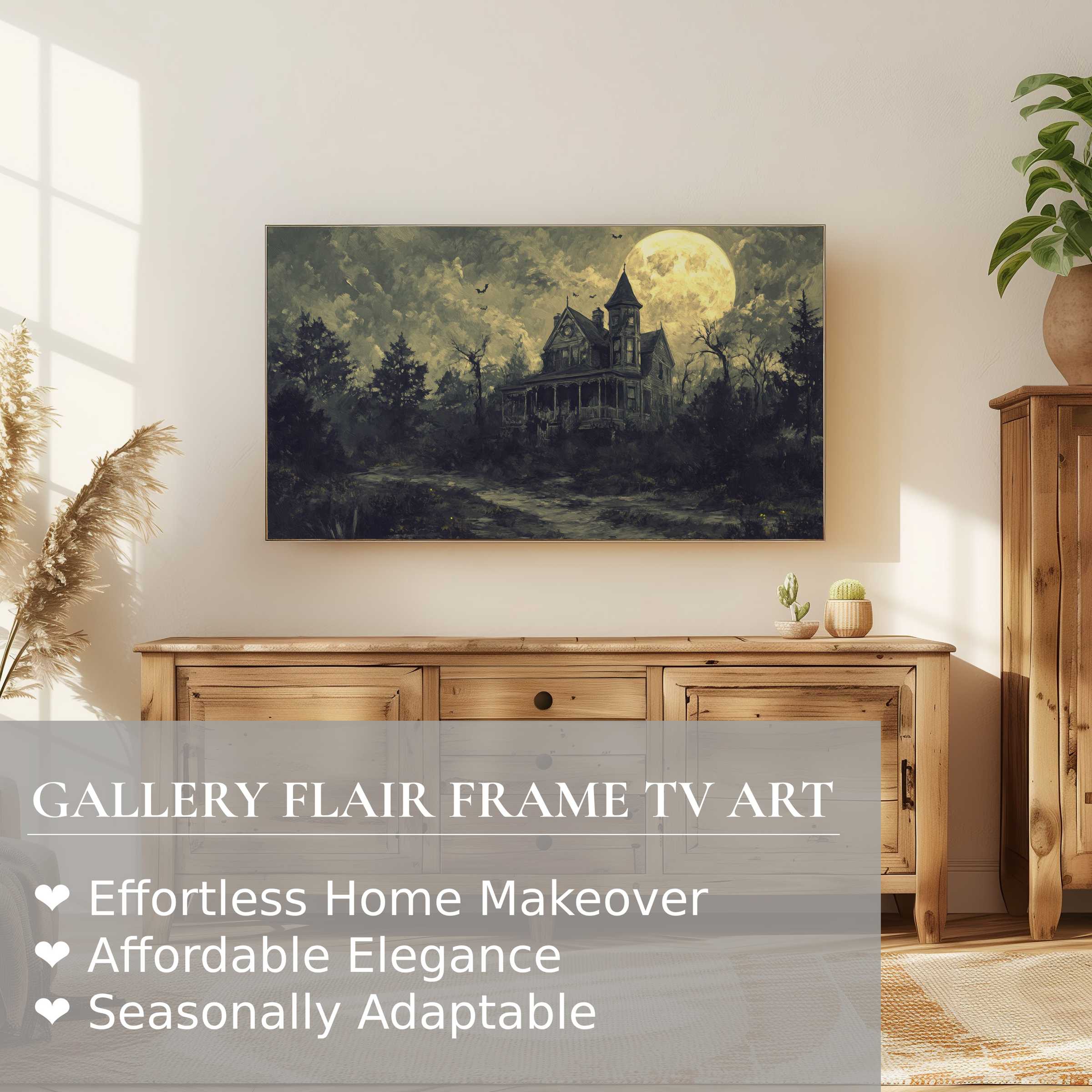 Samsung Frame TV displays moody halloween digital artwork of a haunted house, perfect for refined home decor
