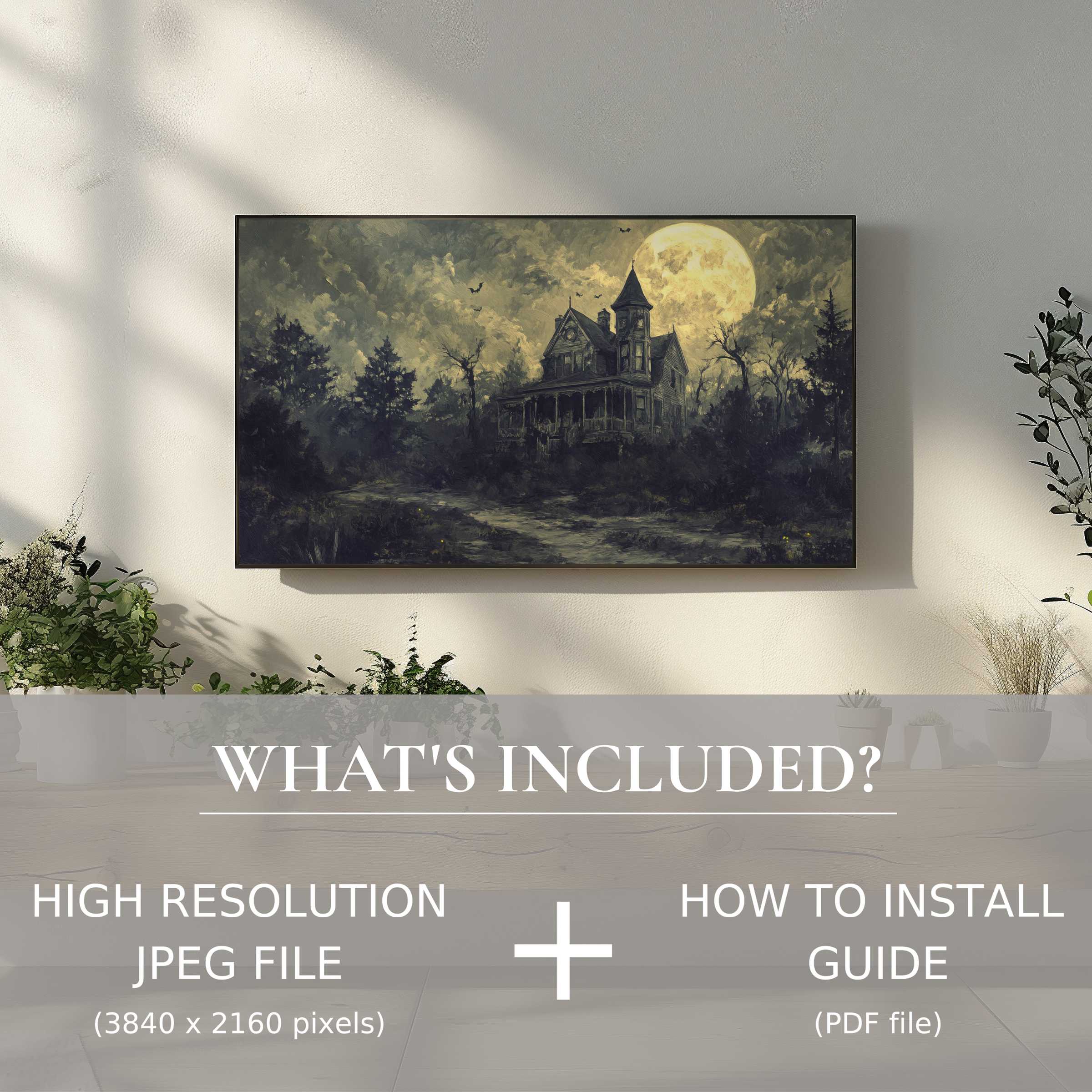 Elegant haunted mansion scene enhances living space with easy, stylish halloween digital TV art download and install guide