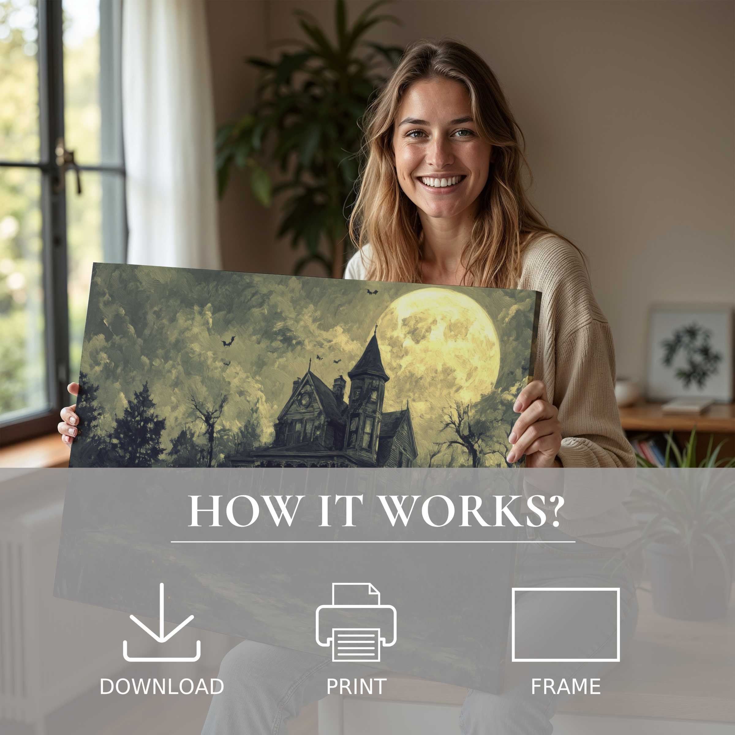 A joyful moment unfolds in a stylish home as a woman embraces the enchanting glow of a Halloween digital art print