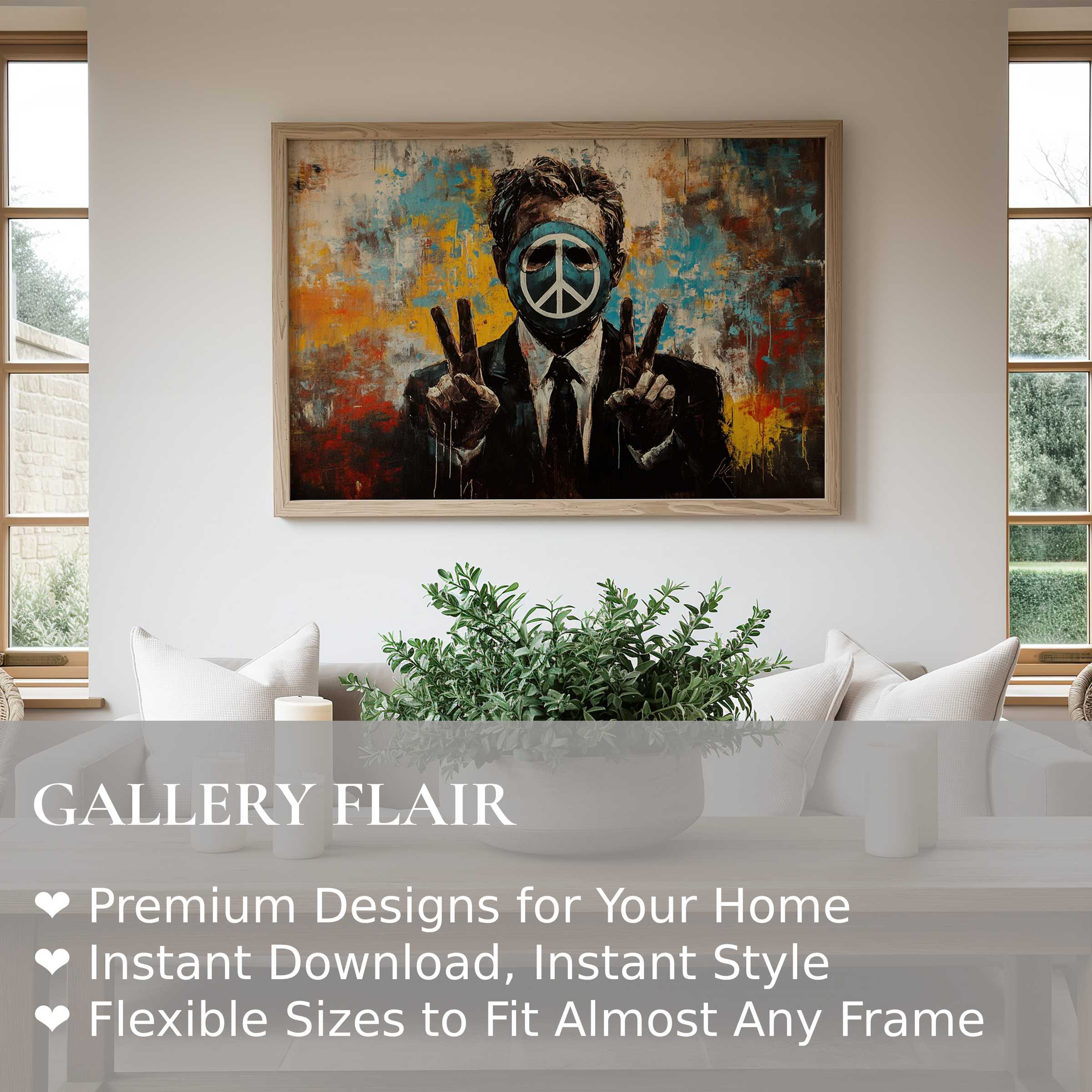 Street art wall art print showcasing bold, urban vibrancy with a peace symbol-faced figure Enhances sleek modern living spaces with edgy, contemporary flair and expressive color contrast