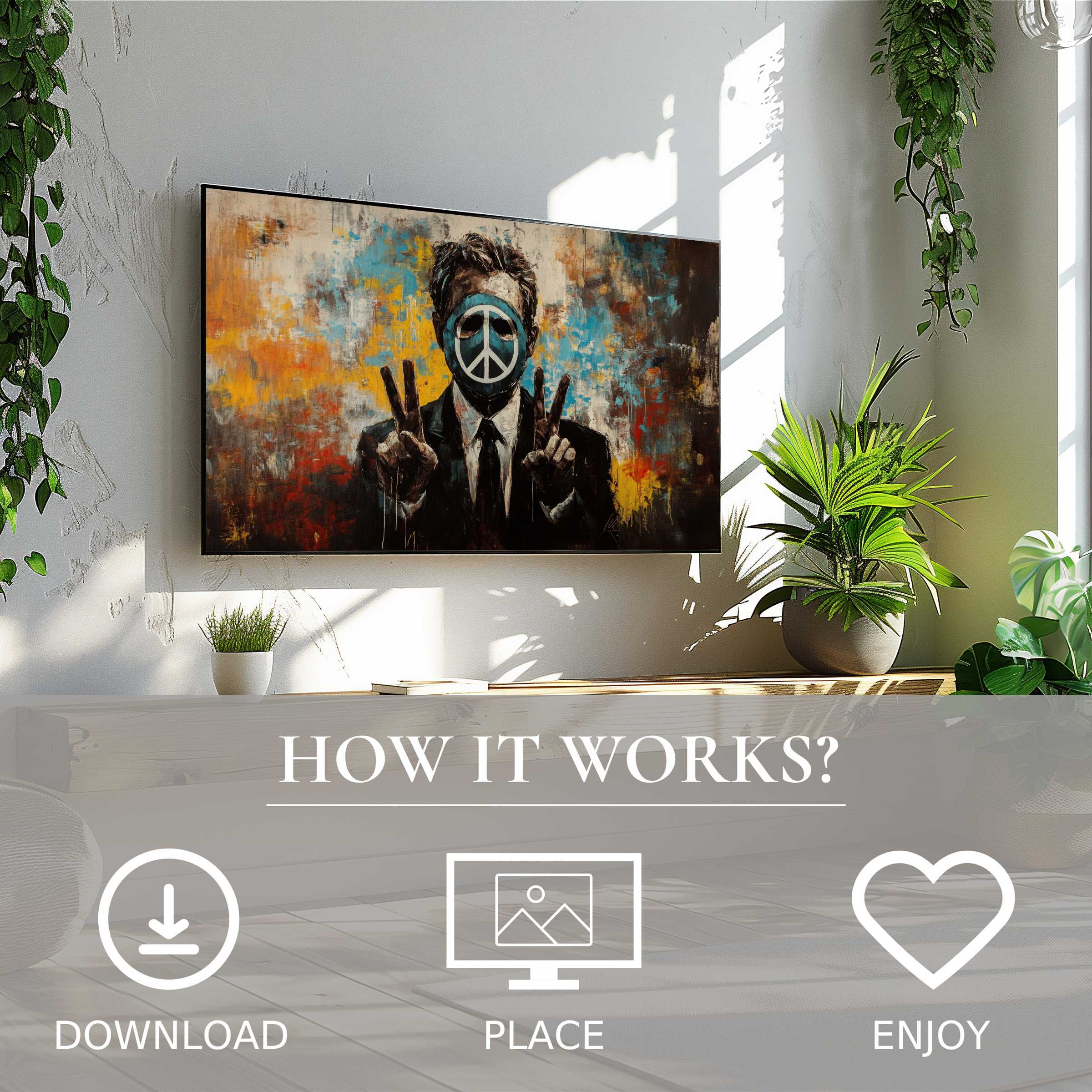 Street art for Samsung TV in bright urban tones, easy digital download enriches stylish living with bold peace motif