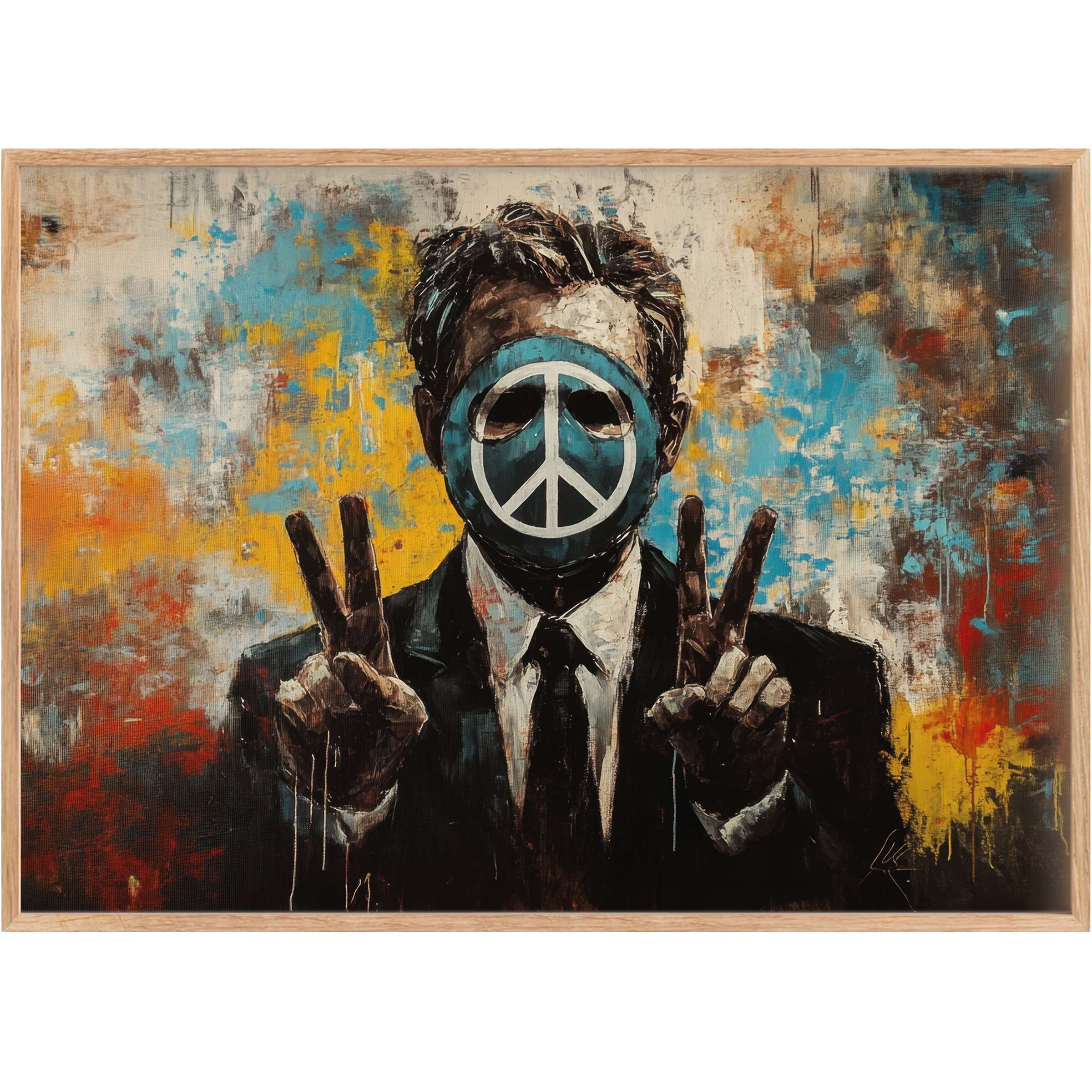 Bold street art printable wall art featuring a striking peace symbol mask in muted black against vibrant blue, yellow, and orange hues, evoking a powerful message of hope and resilience