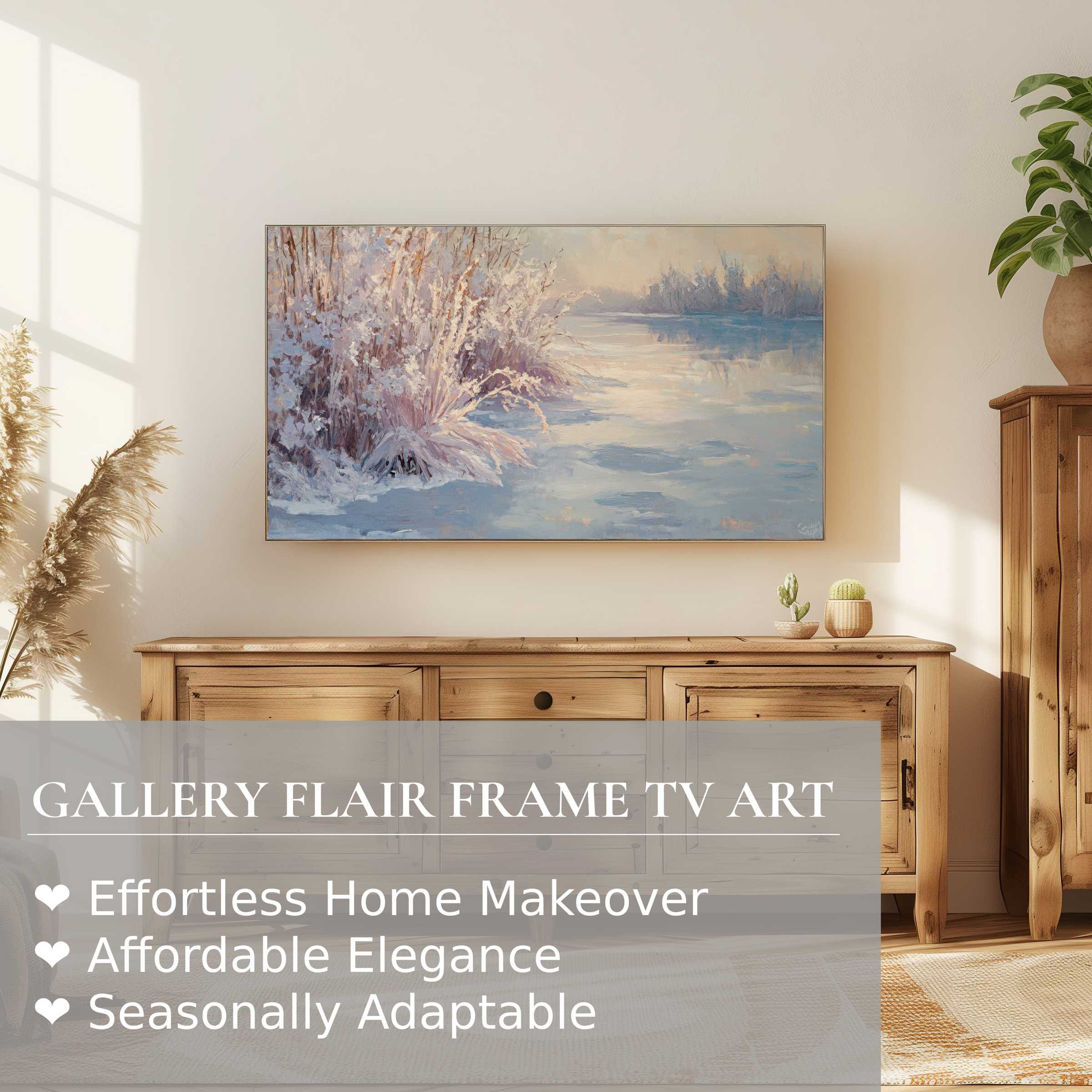 Samsung Frame TV displays serene winter digital artwork in a modern, natural wood living space with elegant warmth