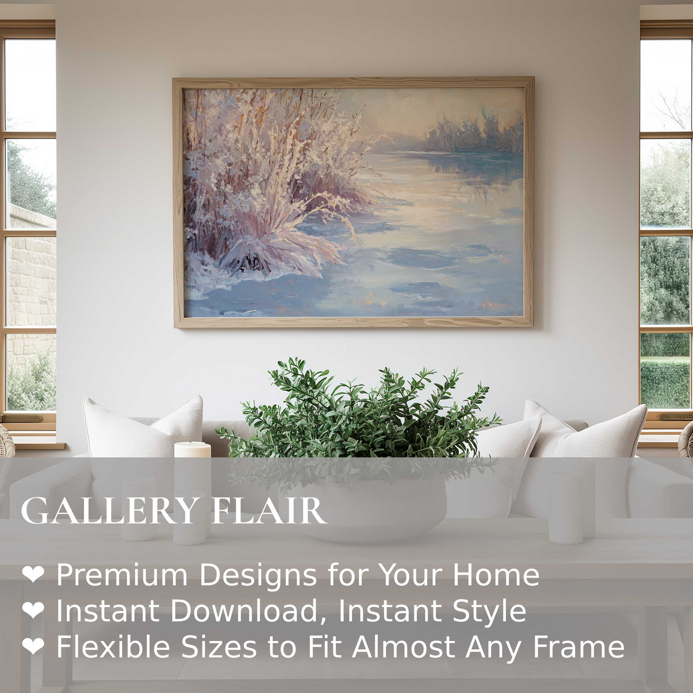 Winter wall art print capturing a serene snowy riverside scene, evoking calm and elegance in minimalist, modern interiors