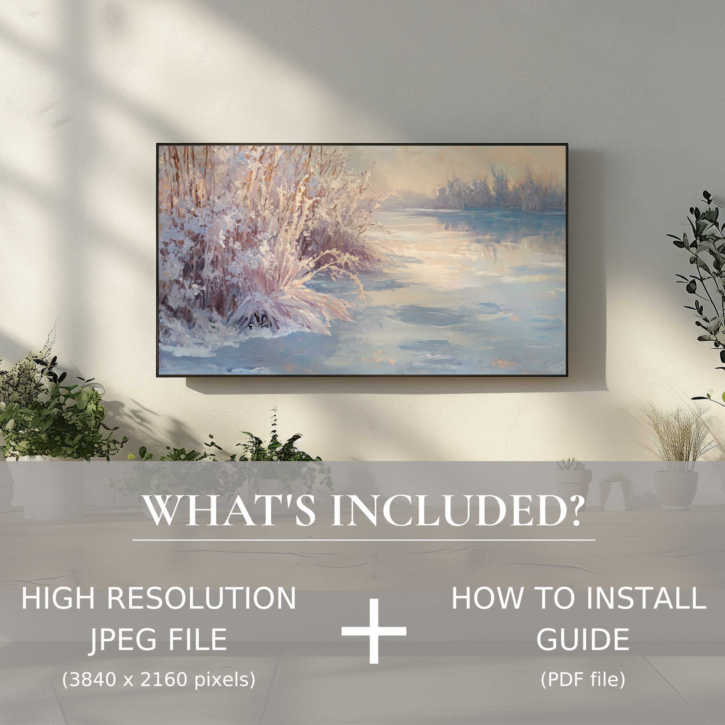 Elegant winter digital TV art download enhances serene spaces with easy digital use, blending nature’s calm in high-res display