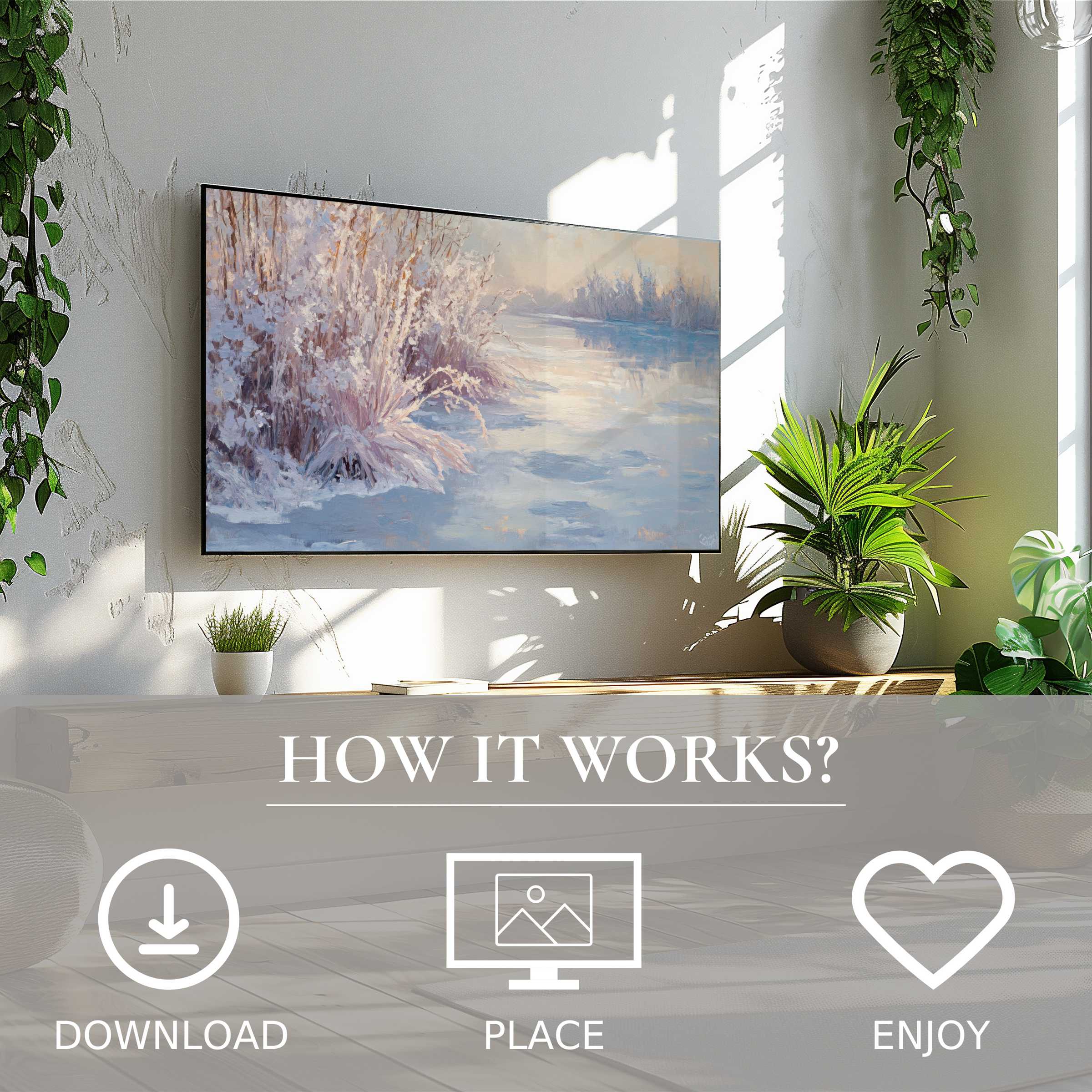 Winter art for Samsung TV shows soft sunset tones on a Frame TV, easy digital download, perfect for modern décor