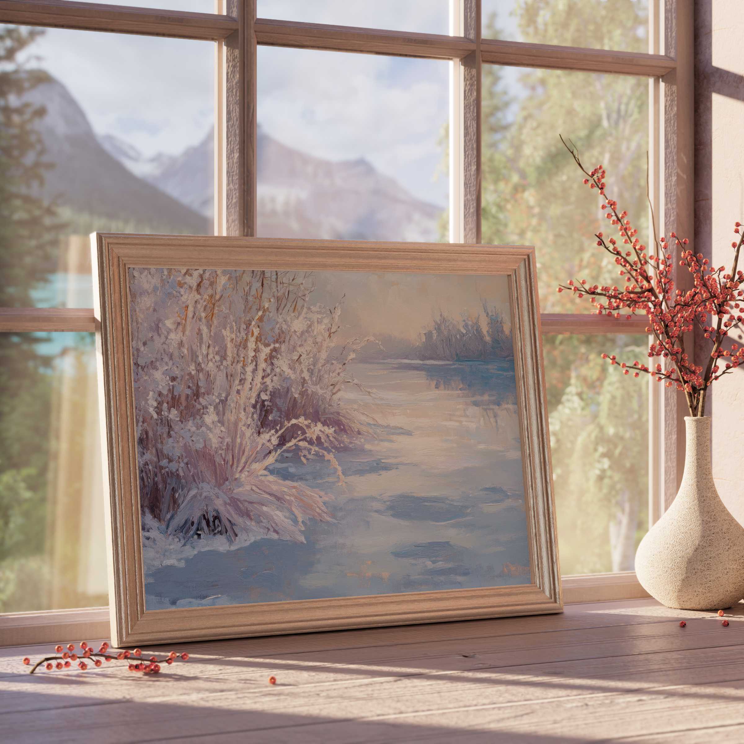Winter downloadable art depicting serene snow-blanketed foliage, perfect for elevating tranquil, curated, design-forward interiors