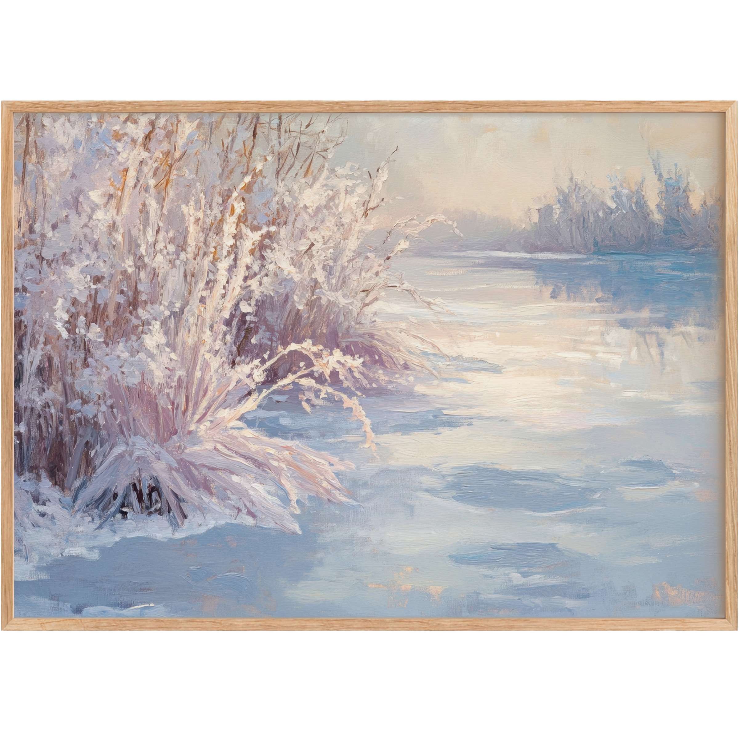 Elegantly serene winter printable wall art in soft blues and lavenders, evoking a tranquil, frosted riverside atmosphere