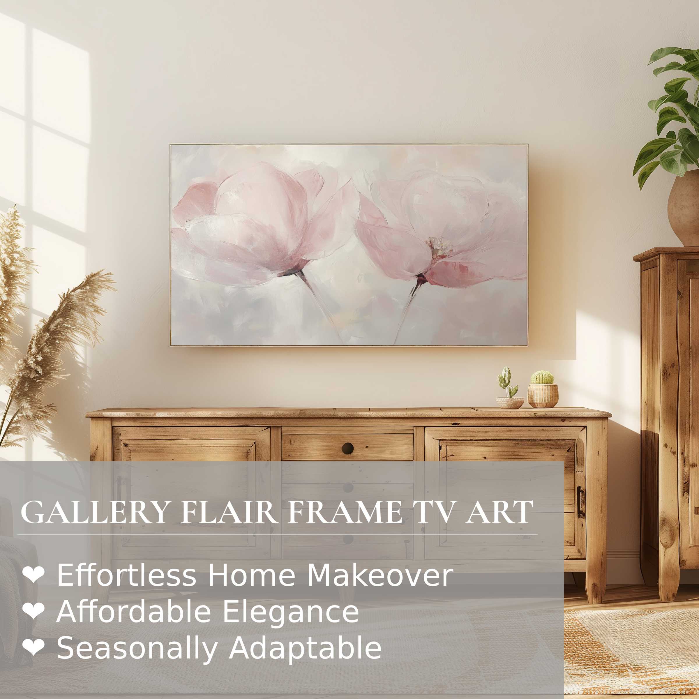 Samsung Frame TV displaying modern digital artwork of soft pink blooms in a serene, elegant living room setting