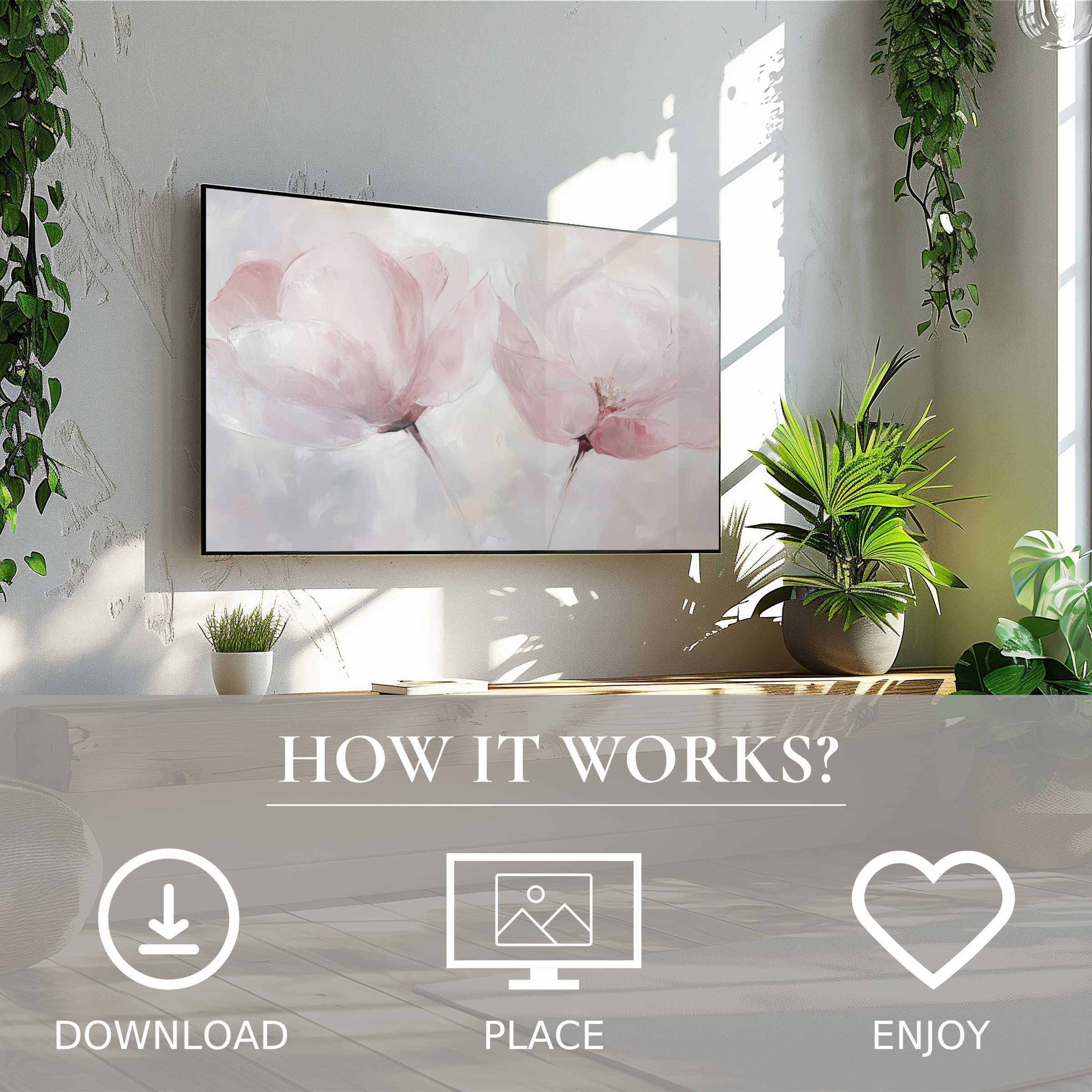 Modern art for Samsung TV with soft pink floral motif, digital download eases decor upgrade, enriching bright living spaces