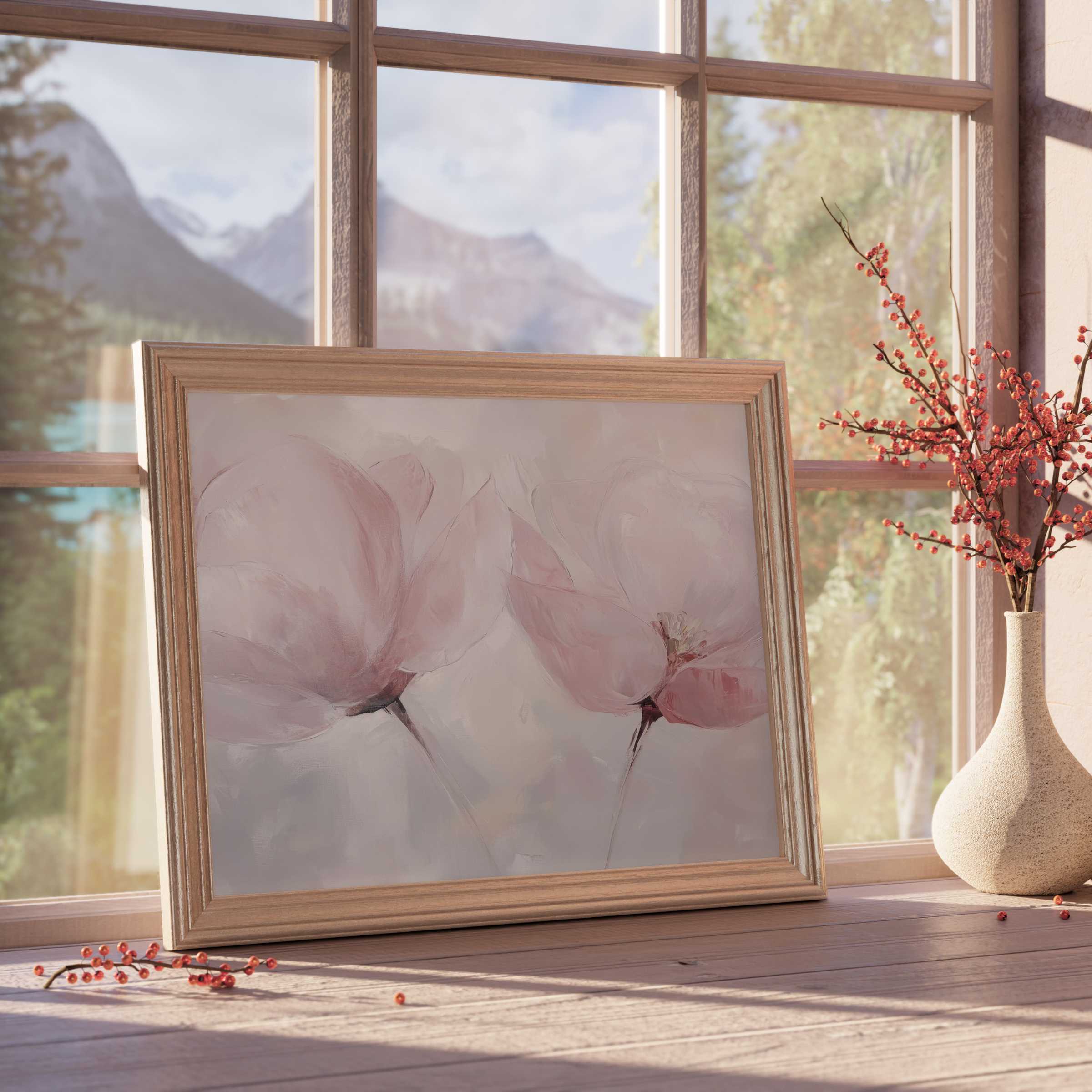 Delicate modern downloadable art with soft pink florals, elevating serene, design-forward interiors with tranquil elegance